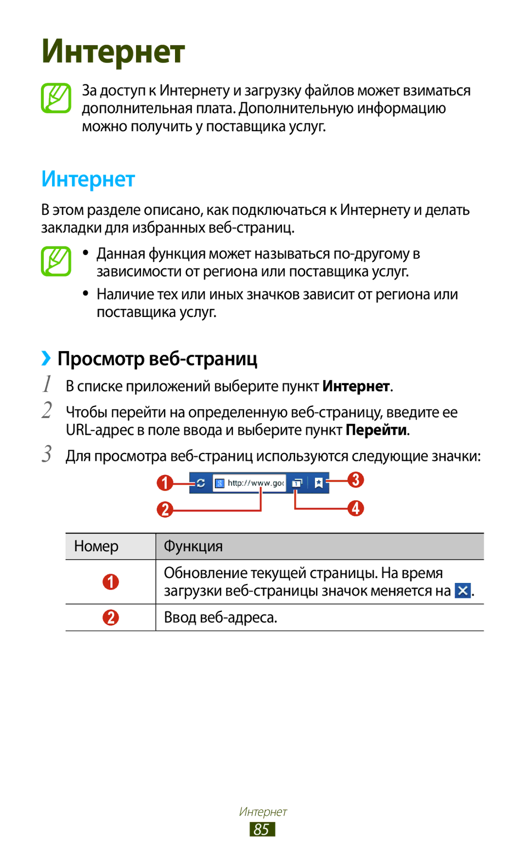 Samsung GT-S5303ZKASER manual ››Просмотр веб-страниц, Списке приложений выберите пункт Интернет, Ввод веб-адреса 