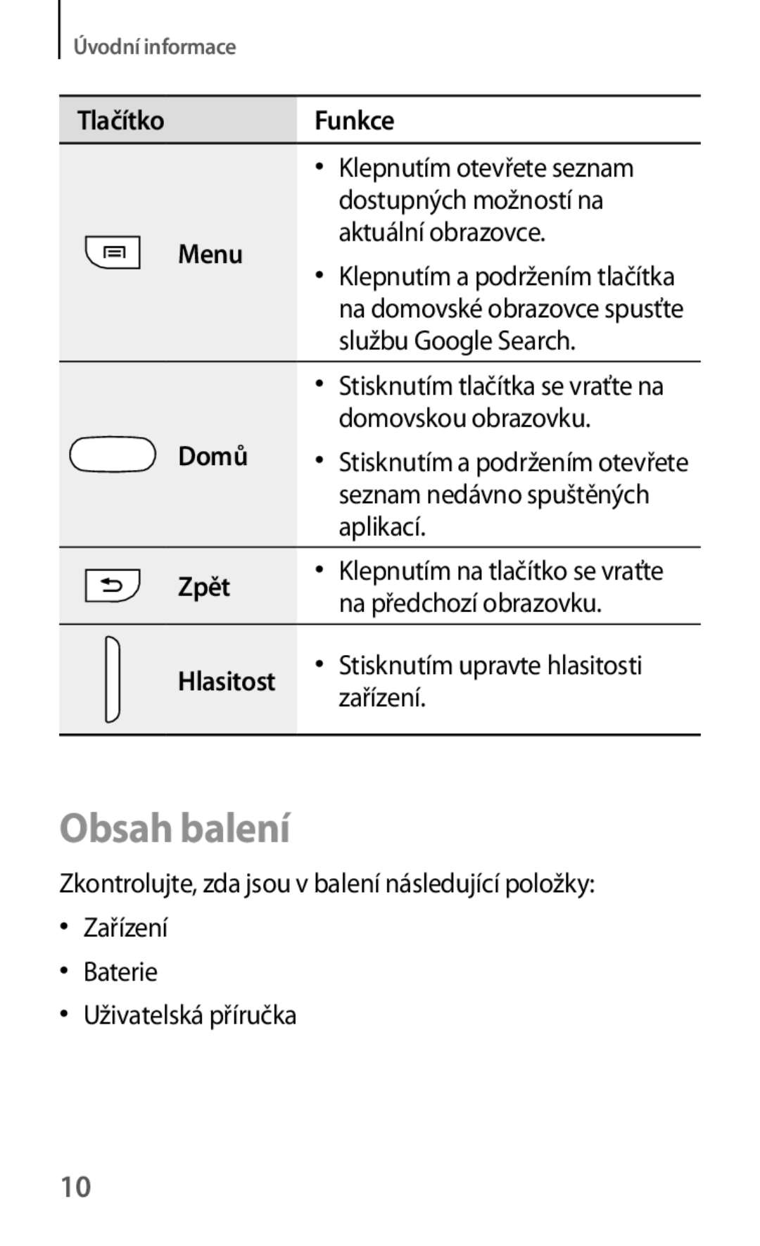 Samsung GT-S5310MSAORX, GT-S5310BKACOS, GT-S5310RWACOS, GT-S5310MSAVVT manual Obsah balení, Menu, Domů, Zpět, Hlasitost 