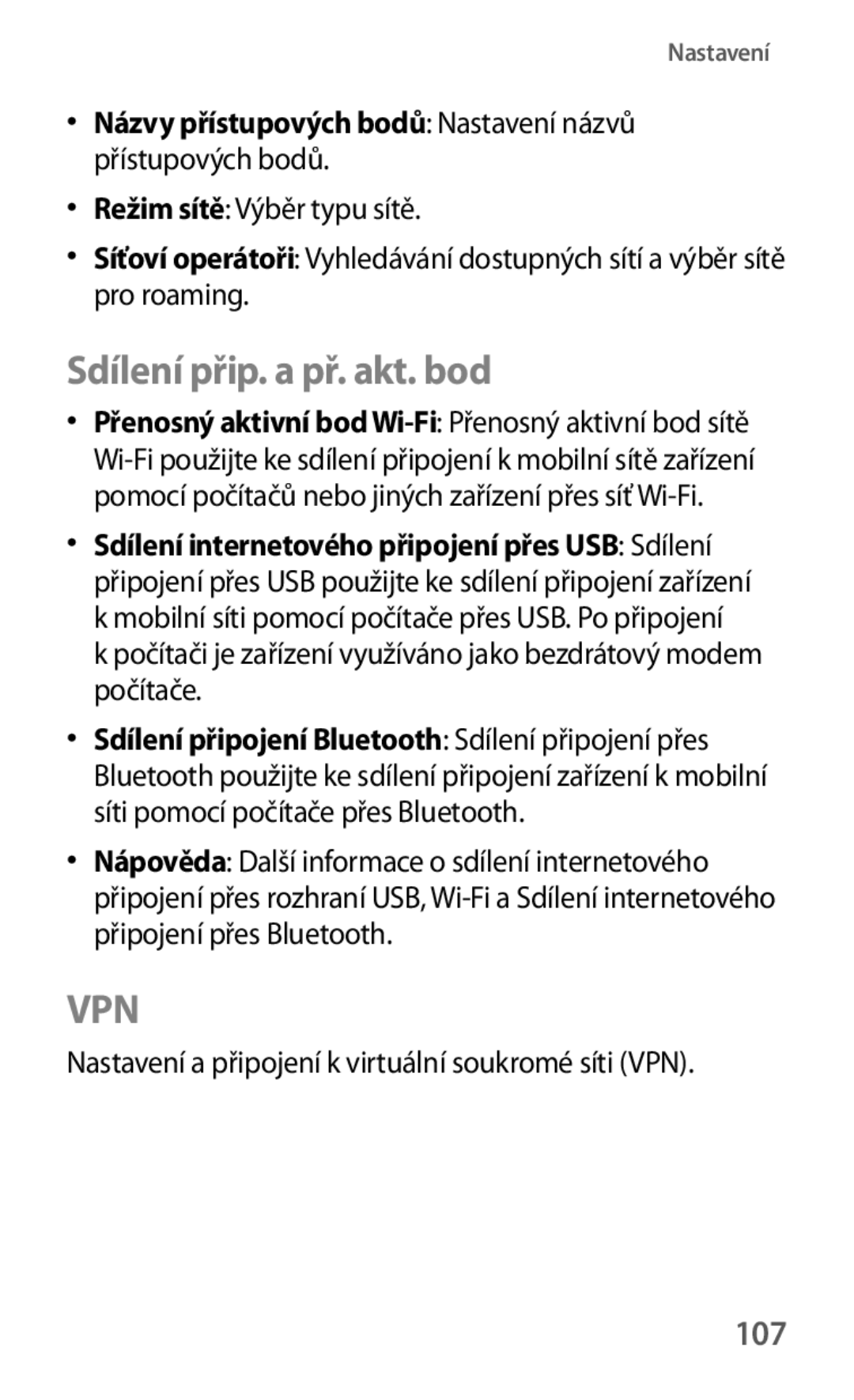 Samsung GT-S5310BKAHBM manual Sdílení přip. a př. akt. bod, 107, Názvy přístupových bodů Nastavení názvů přístupových bodů 