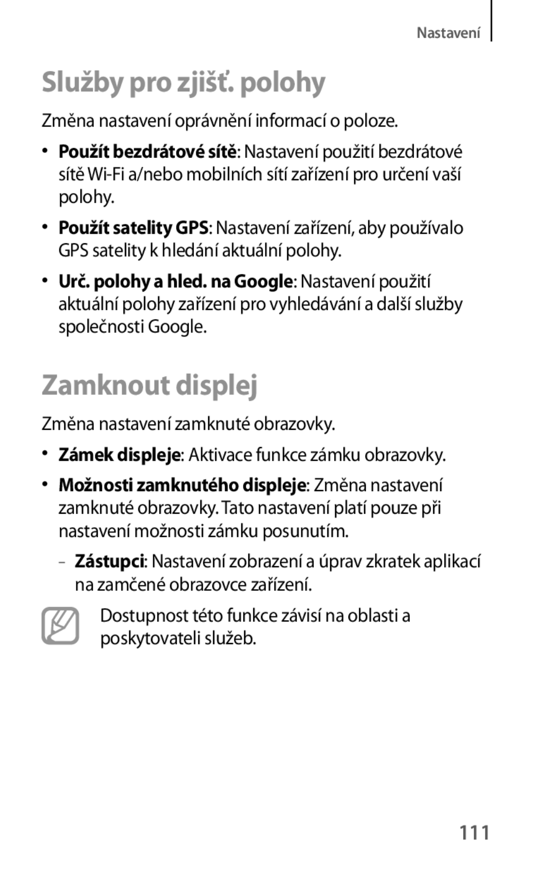 Samsung GT-S5310MSAO2C manual Služby pro zjišť. polohy, Zamknout displej, 111, Změna nastavení oprávnění informací o poloze 