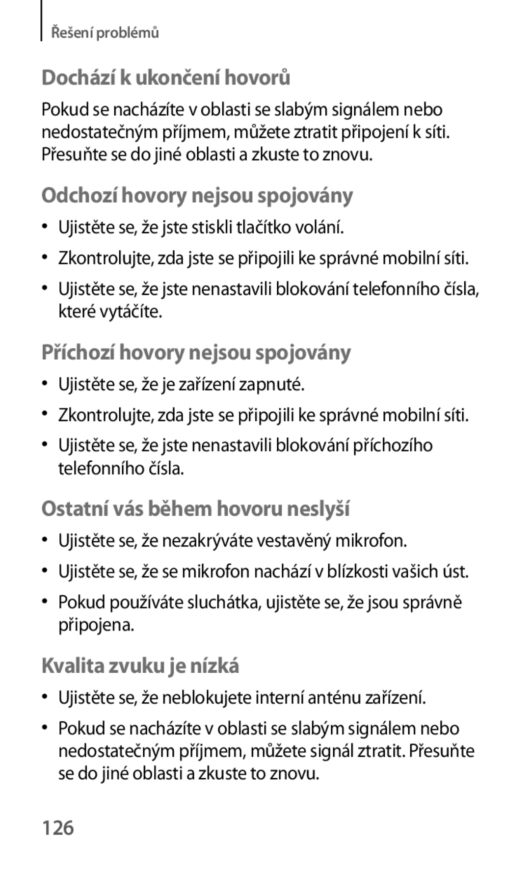 Samsung GT2S5310BKAXEH manual 126, Ujistěte se, že jste stiskli tlačítko volání, Ujistěte se, že je zařízení zapnuté 