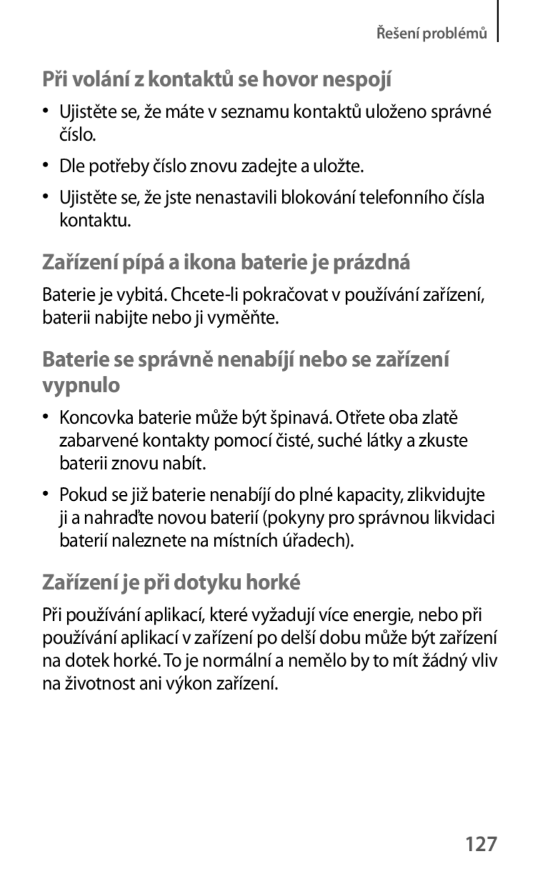 Samsung GT-S5310BKAHBM, GT-S5310BKACOS, GT-S5310RWACOS, GT-S5310MSAVVT manual Při volání z kontaktů se hovor nespojí, 127 