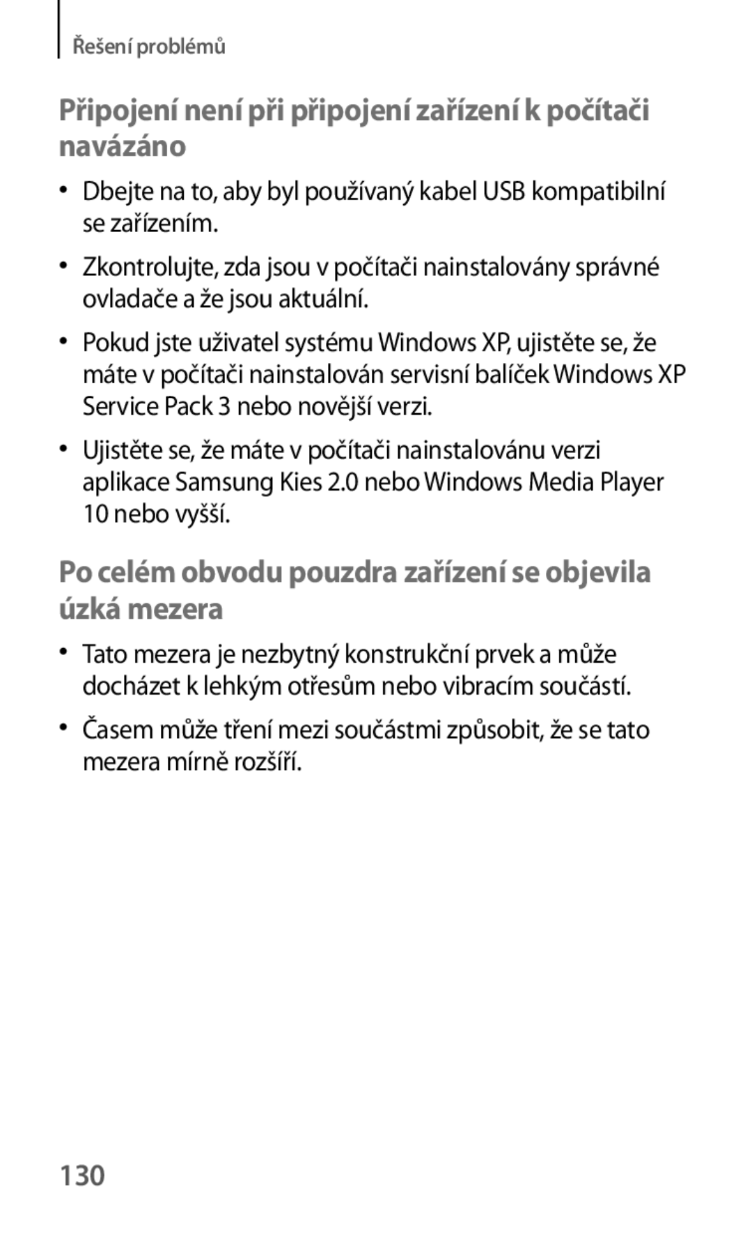 Samsung GT-S5310MSAORX, GT-S5310BKACOS, GT-S5310RWACOS manual Připojení není při připojení zařízení k počítači navázáno, 130 