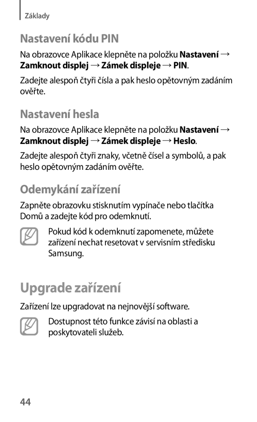 Samsung GT-S5310RWAHBM, GT-S5310BKACOS manual Upgrade zařízení, Nastavení kódu PIN, Nastavení hesla, Odemykání zařízení 