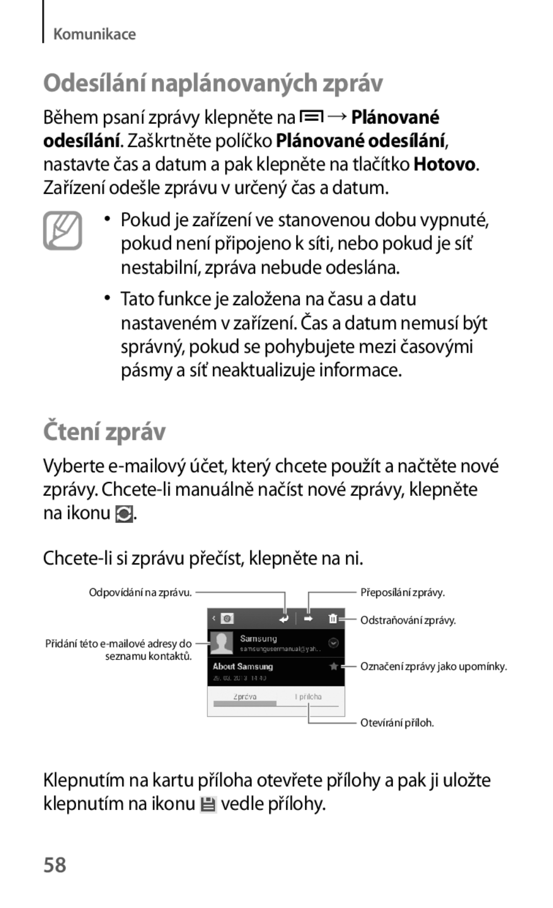 Samsung GT-S5310RWAORX, GT-S5310BKACOS, GT-S5310RWACOS, GT-S5310MSAVVT manual Odesílání naplánovaných zpráv, Čtení zpráv 