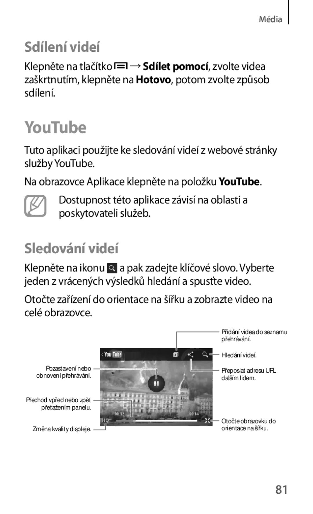 Samsung GT-S5310RWACOS, GT-S5310BKACOS, GT-S5310MSAVVT, GT-S5310RWAVVT manual YouTube, Sdílení videí, Sledování videí 