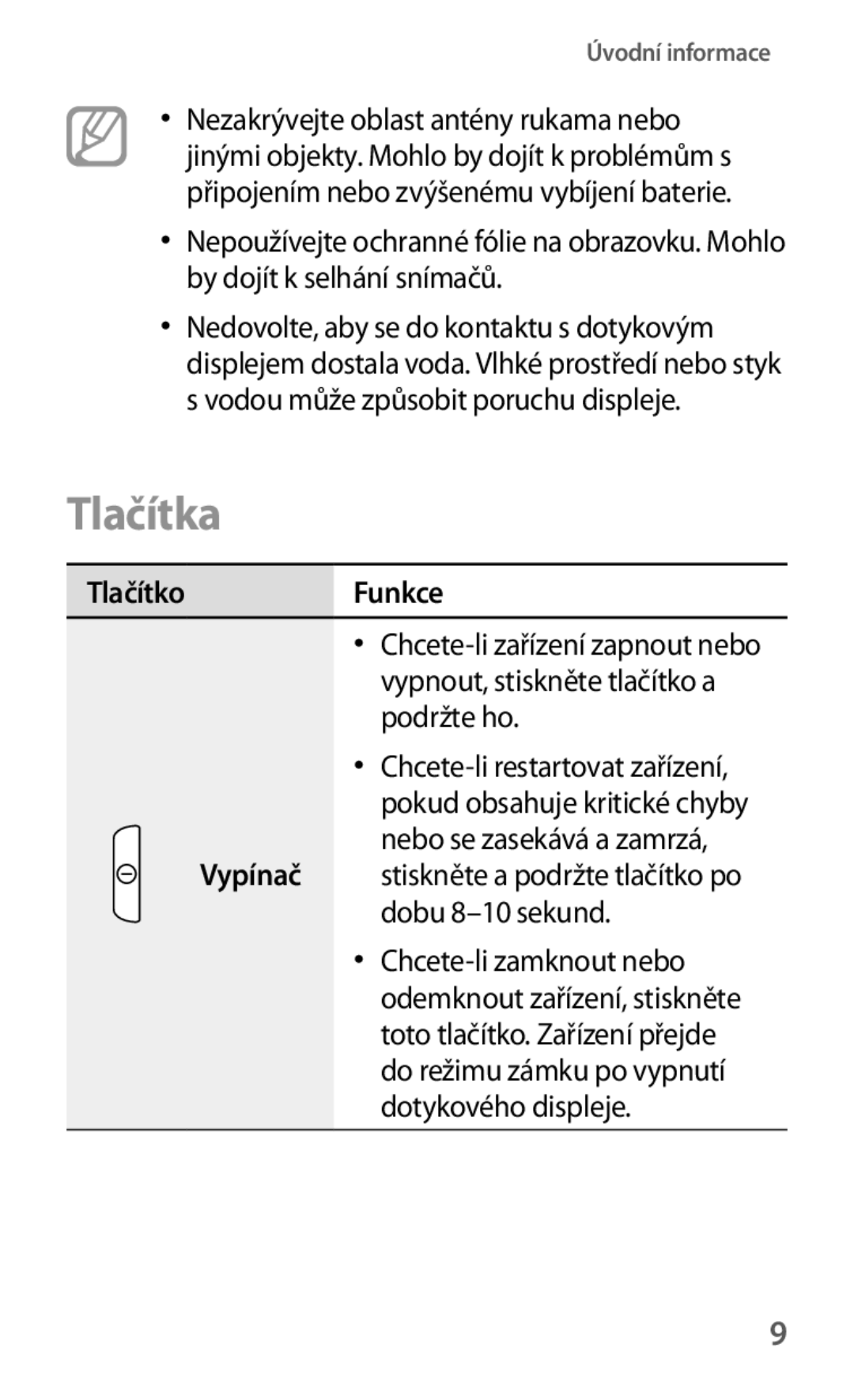 Samsung GT2S5310RWVVDH, GT-S5310BKACOS Tlačítka, TlačítkoFunkce, Vypínač stiskněte a podržte tlačítko po dobu 8-10 sekund 