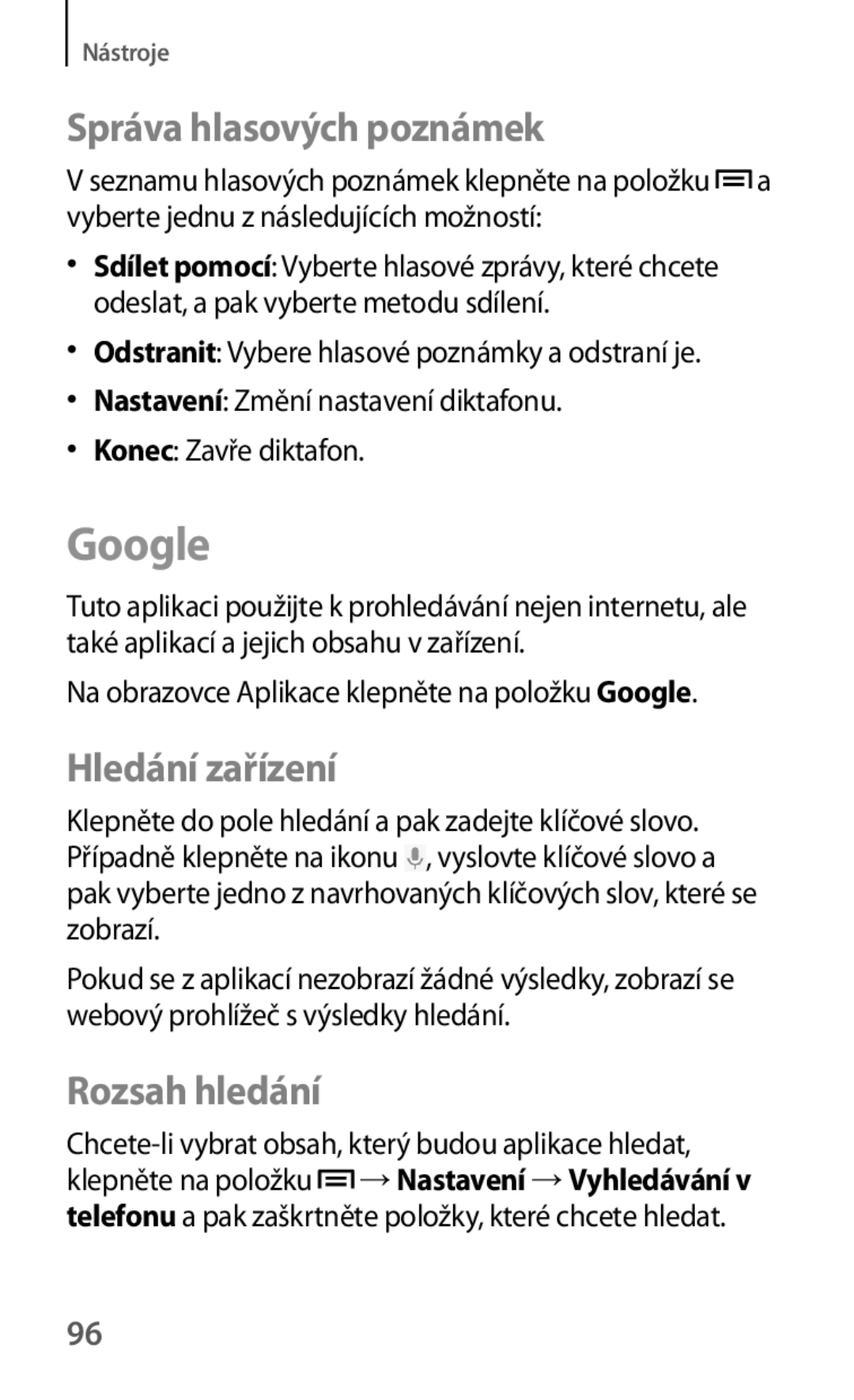 Samsung GT2S5310BKATMH, GT-S5310BKACOS, GT-S5310RWACOS Google, Správa hlasových poznámek, Hledání zařízení, Rozsah hledání 