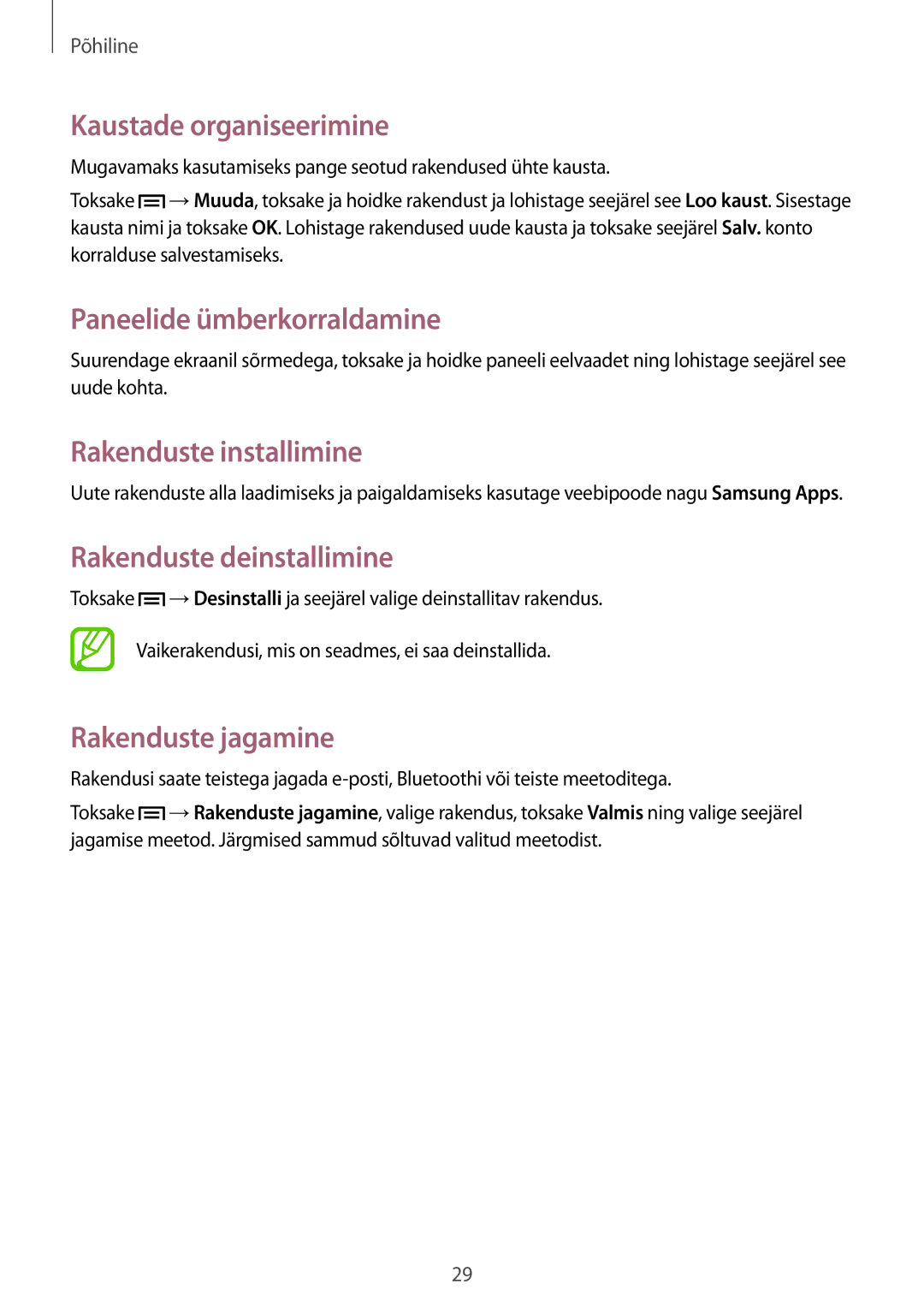 Samsung GT-S5310RWASEB Kaustade organiseerimine, Rakenduste installimine, Rakenduste deinstallimine, Rakenduste jagamine 