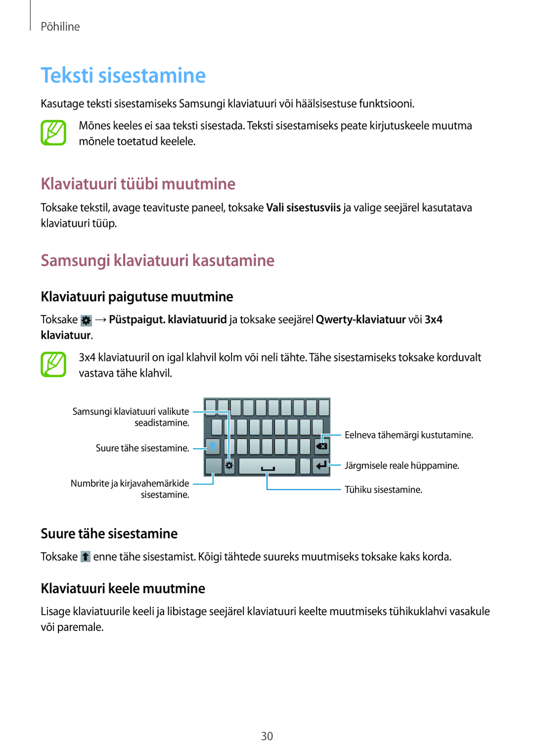 Samsung GT-S5310BKASEB, GT-S5310MSASEB Teksti sisestamine, Klaviatuuri tüübi muutmine, Samsungi klaviatuuri kasutamine 