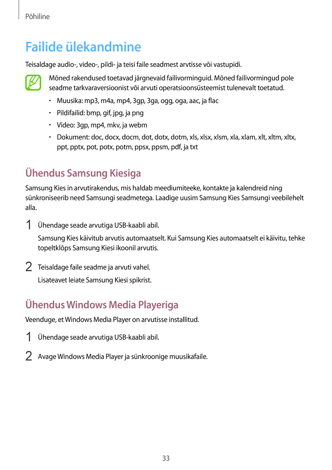 Samsung GT-S5310BKASEB, GT-S5310MSASEB manual Failide ülekandmine, Ühendus Samsung Kiesiga, Ühendus Windows Media Playeriga 