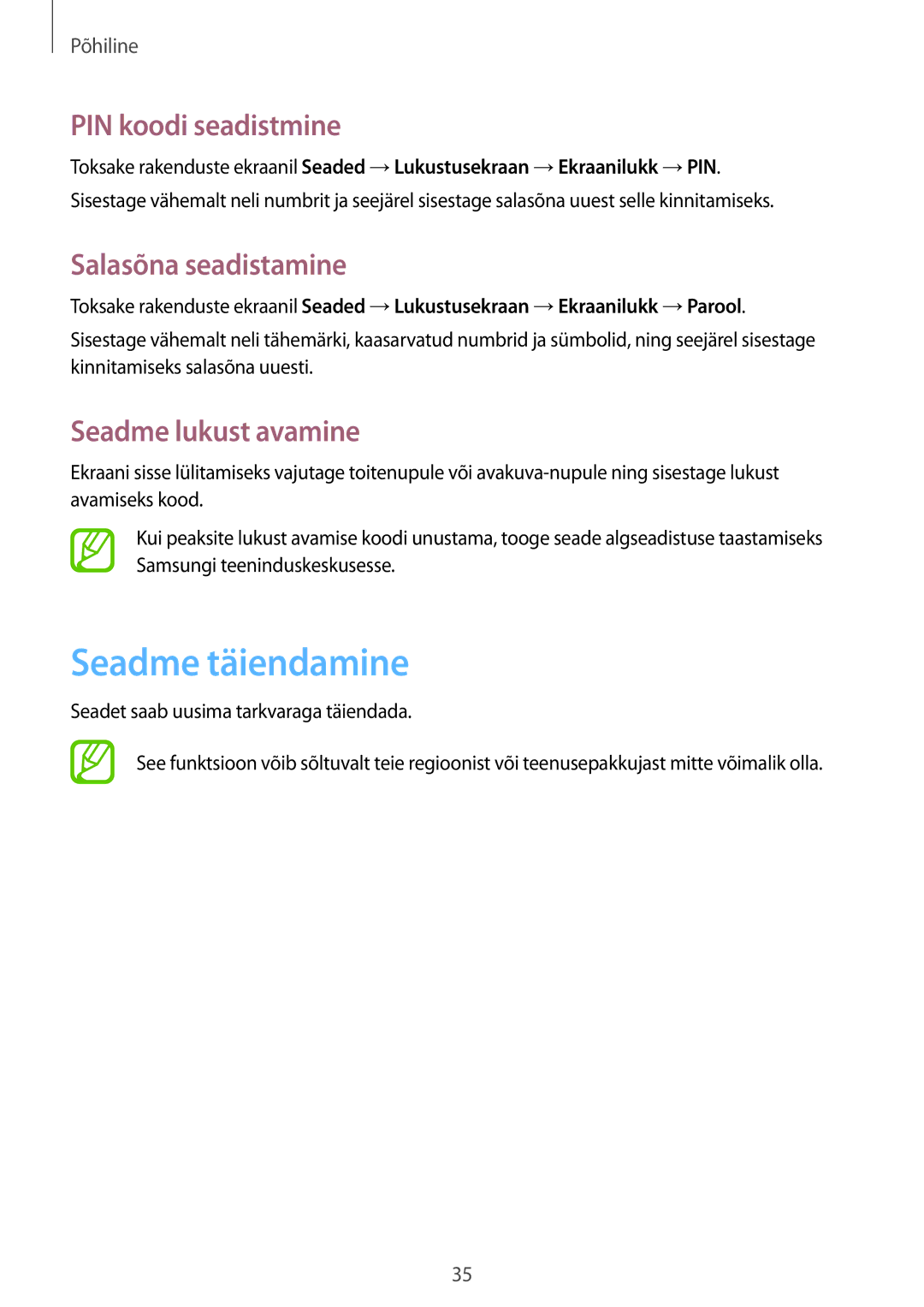 Samsung GT-S5310RWASEB manual Seadme täiendamine, PIN koodi seadistmine, Salasõna seadistamine, Seadme lukust avamine 