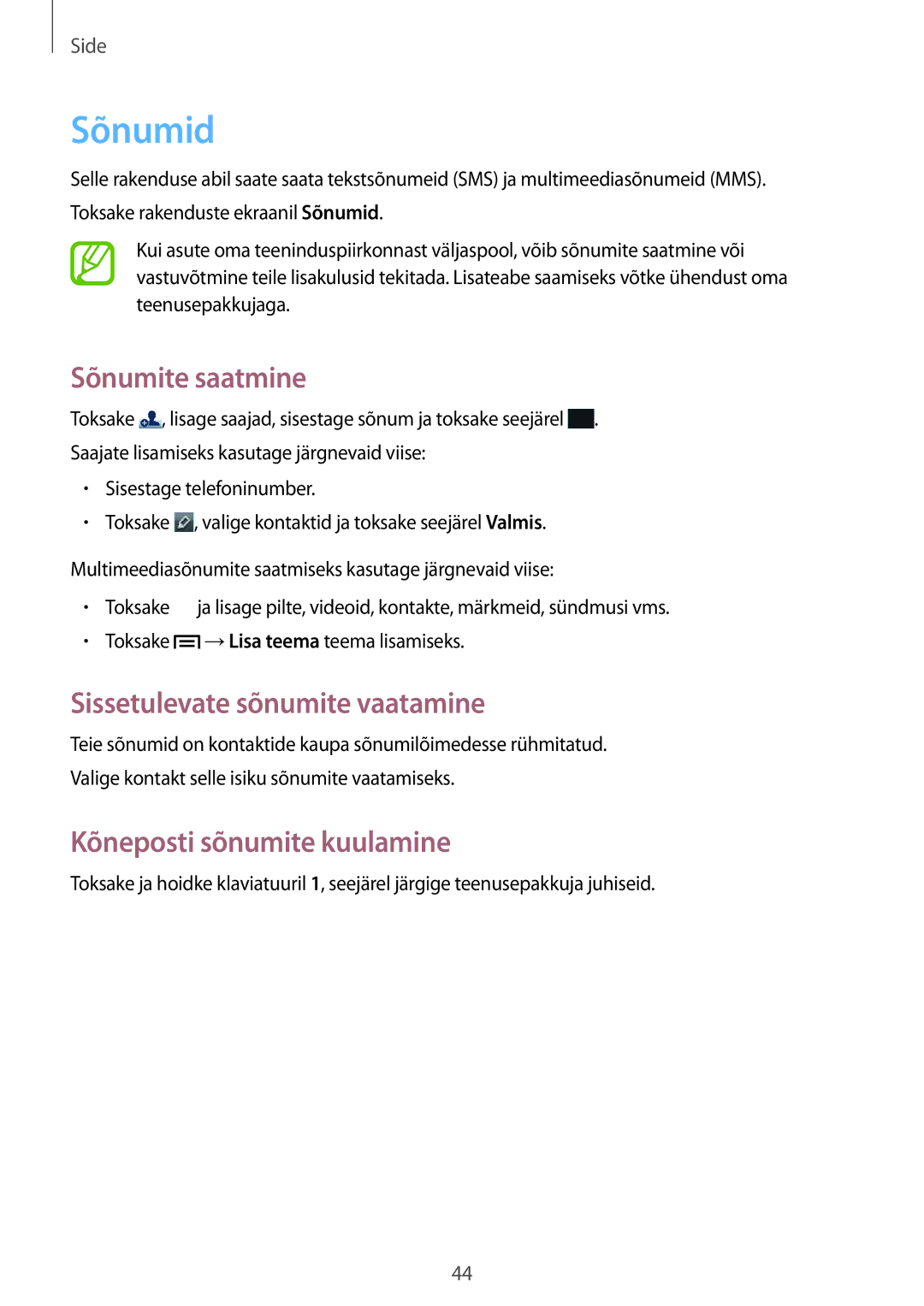 Samsung GT-S5310RWASEB manual Sõnumid, Sõnumite saatmine, Sissetulevate sõnumite vaatamine, Kõneposti sõnumite kuulamine 