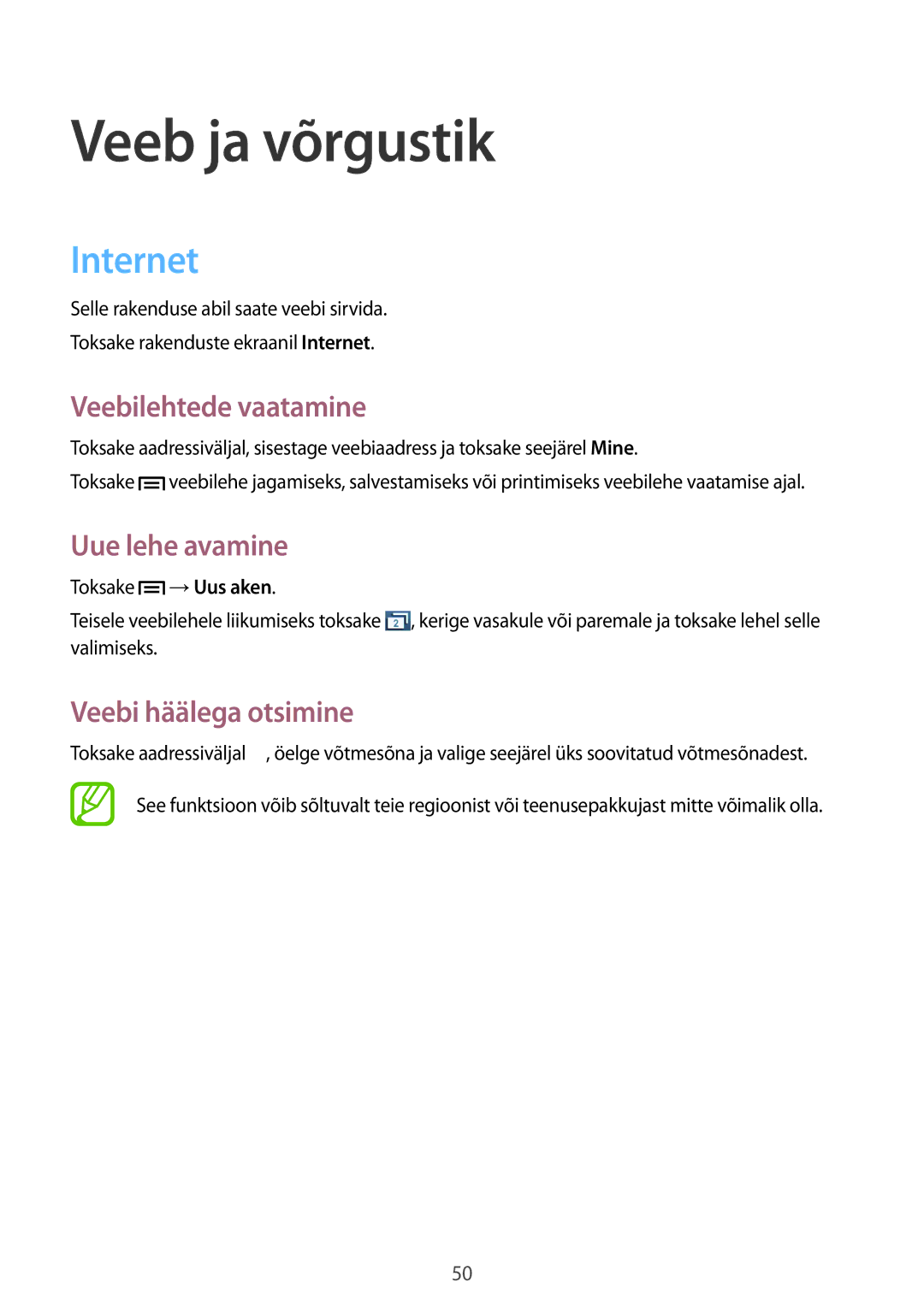 Samsung GT-S5310RWASEB manual Veeb ja võrgustik, Internet, Veebilehtede vaatamine, Uue lehe avamine, Veebi häälega otsimine 