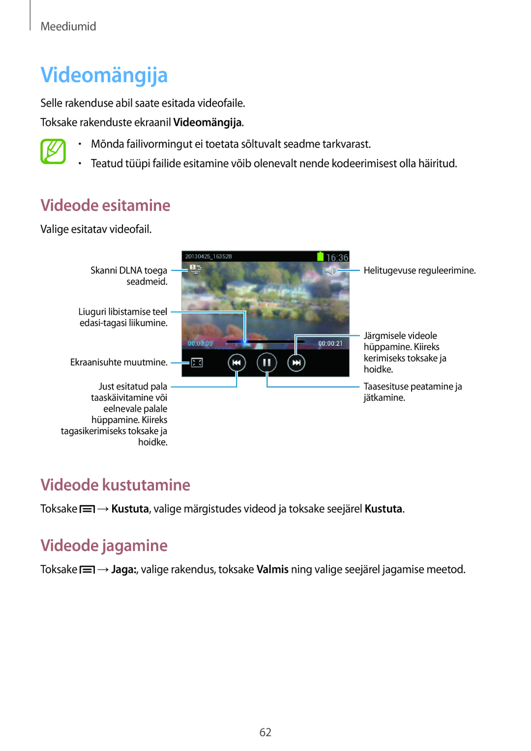 Samsung GT-S5310RWASEB, GT-S5310BKASEB, GT-S5310MSASEB manual Videomängija, Videode kustutamine, Videode jagamine 