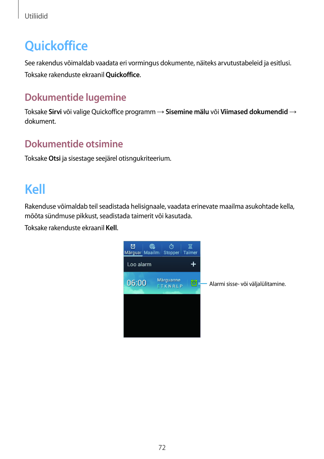 Samsung GT-S5310BKASEB, GT-S5310MSASEB, GT-S5310RWASEB manual Quickoffice, Kell, Dokumentide lugemine, Dokumentide otsimine 