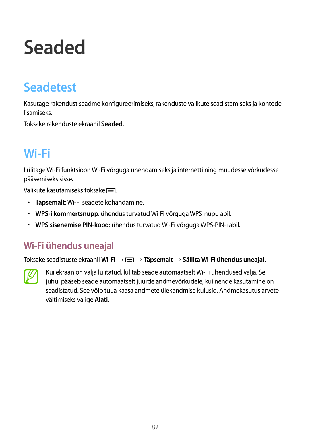 Samsung GT-S5310MSASEB, GT-S5310BKASEB, GT-S5310RWASEB manual Seaded, Seadetest, Wi-Fi ühendus uneajal 