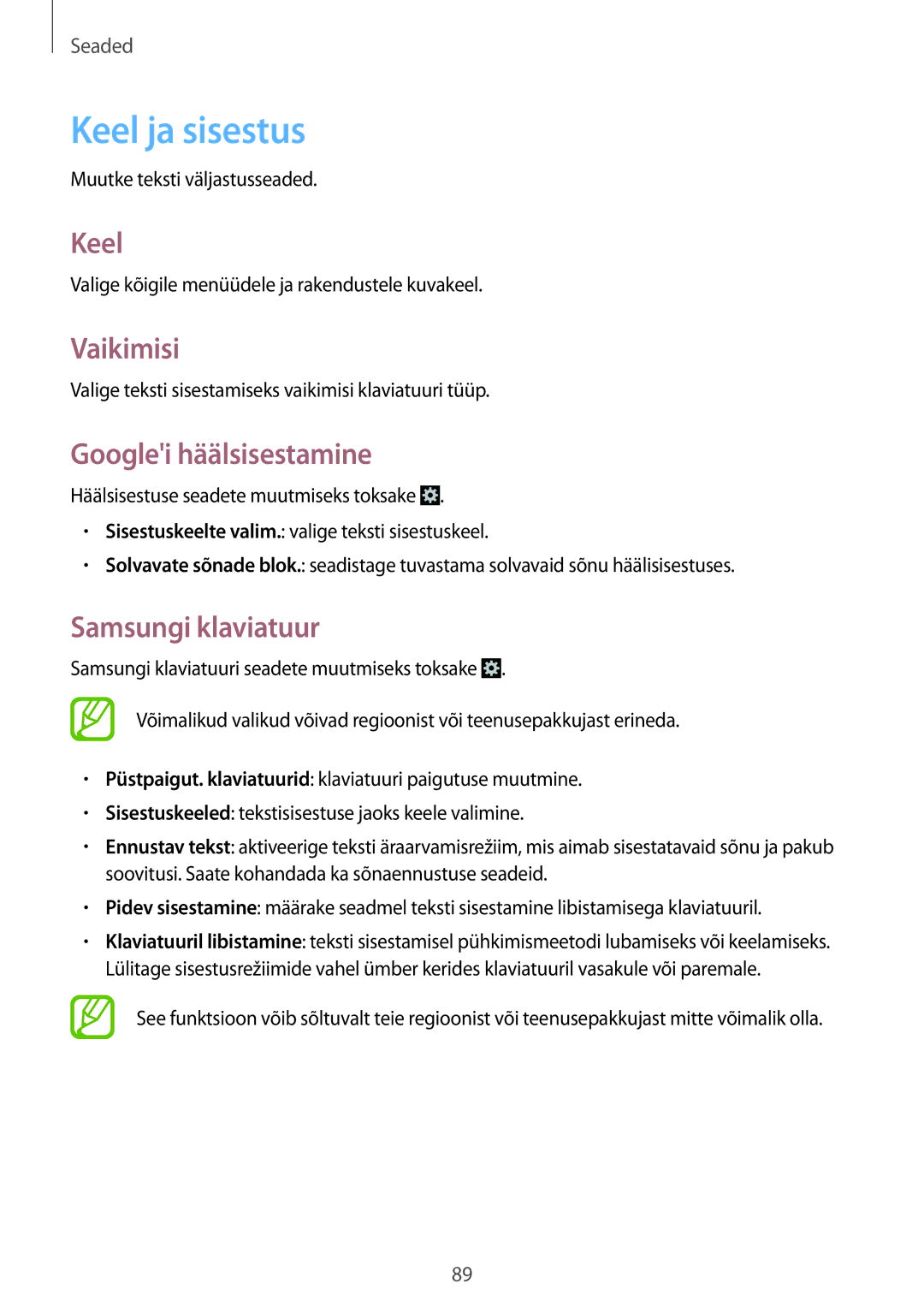 Samsung GT-S5310RWASEB, GT-S5310BKASEB manual Keel ja sisestus, Vaikimisi, Googlei häälsisestamine, Samsungi klaviatuur 