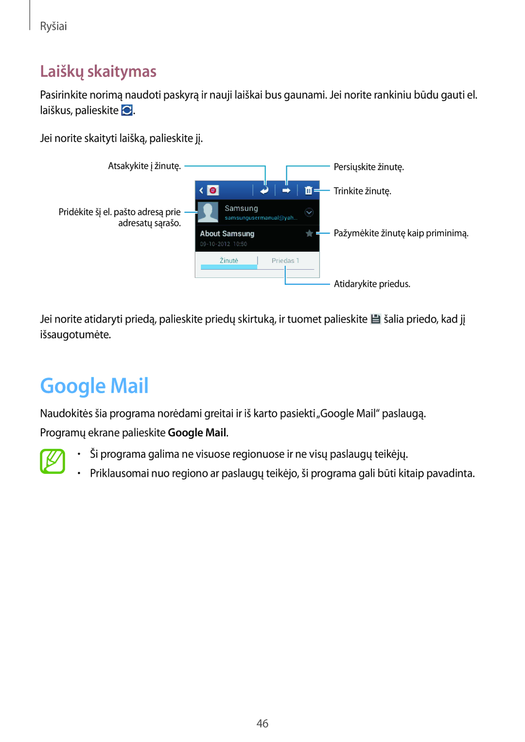 Samsung GT-S5310MSASEB, GT-S5310BKASEB, GT-S5310RWASEB manual Google Mail, Laiškų skaitymas 