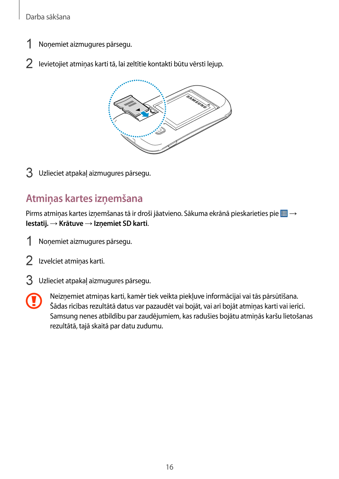 Samsung GT-S5310MSASEB, GT-S5310BKASEB, GT-S5310RWASEB manual Atmiņas kartes izņemšana 