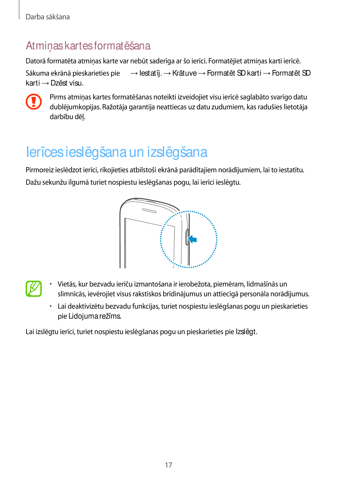 Samsung GT-S5310RWASEB, GT-S5310BKASEB, GT-S5310MSASEB manual Ierīces ieslēgšana un izslēgšana, Atmiņas kartes formatēšana 