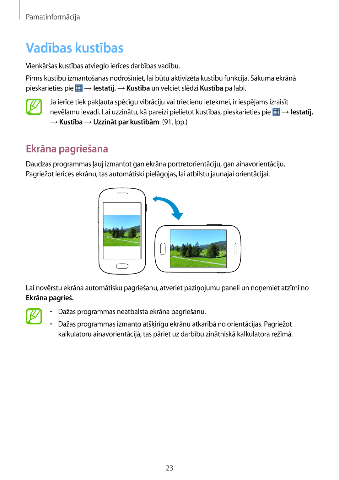 Samsung GT-S5310RWASEB, GT-S5310BKASEB manual Vadības kustības, Ekrāna pagriešana, → Kustība →Uzzināt par kustībām . lpp 