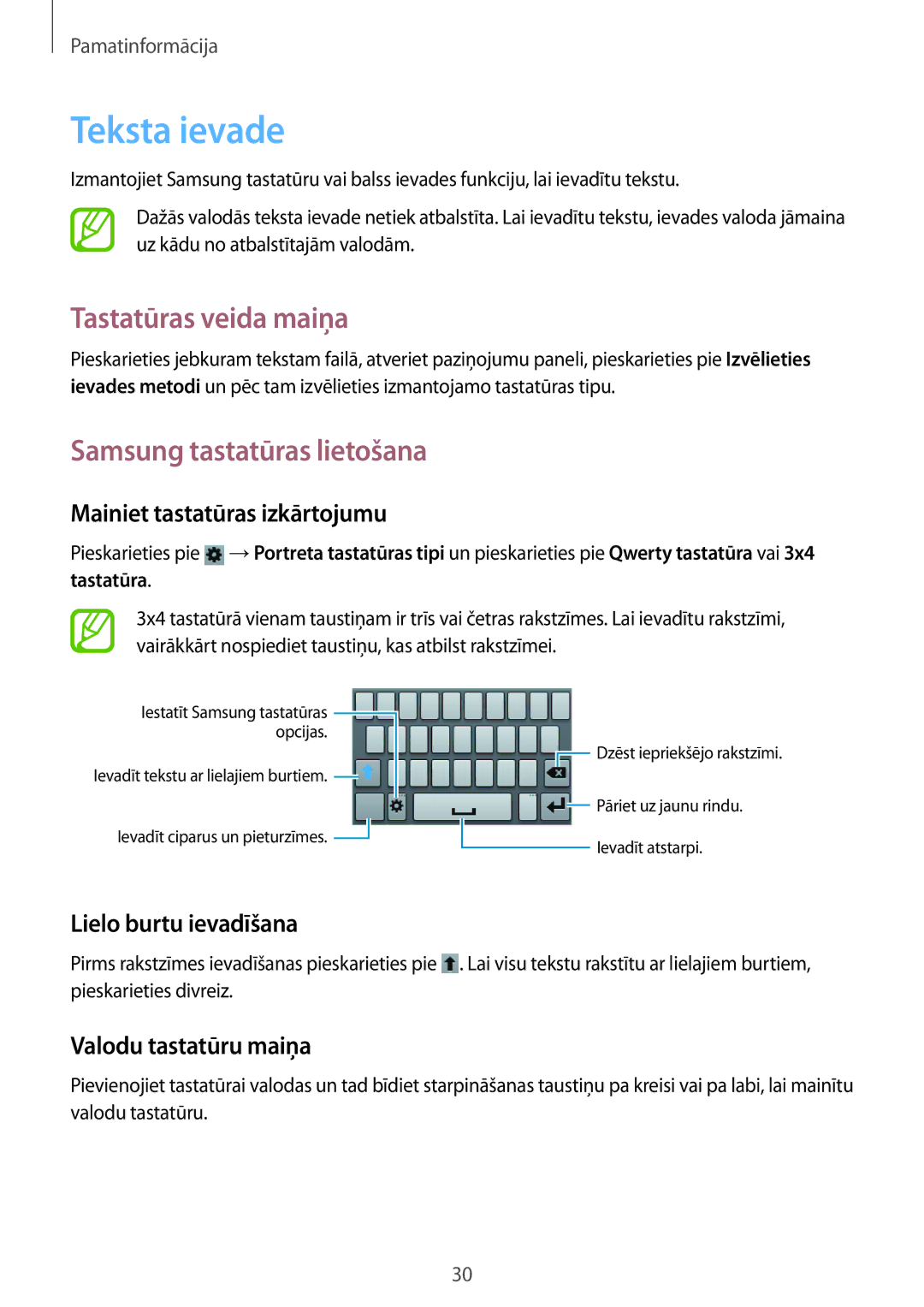 Samsung GT-S5310BKASEB, GT-S5310MSASEB, GT-S5310RWASEB Teksta ievade, Tastatūras veida maiņa, Samsung tastatūras lietošana 