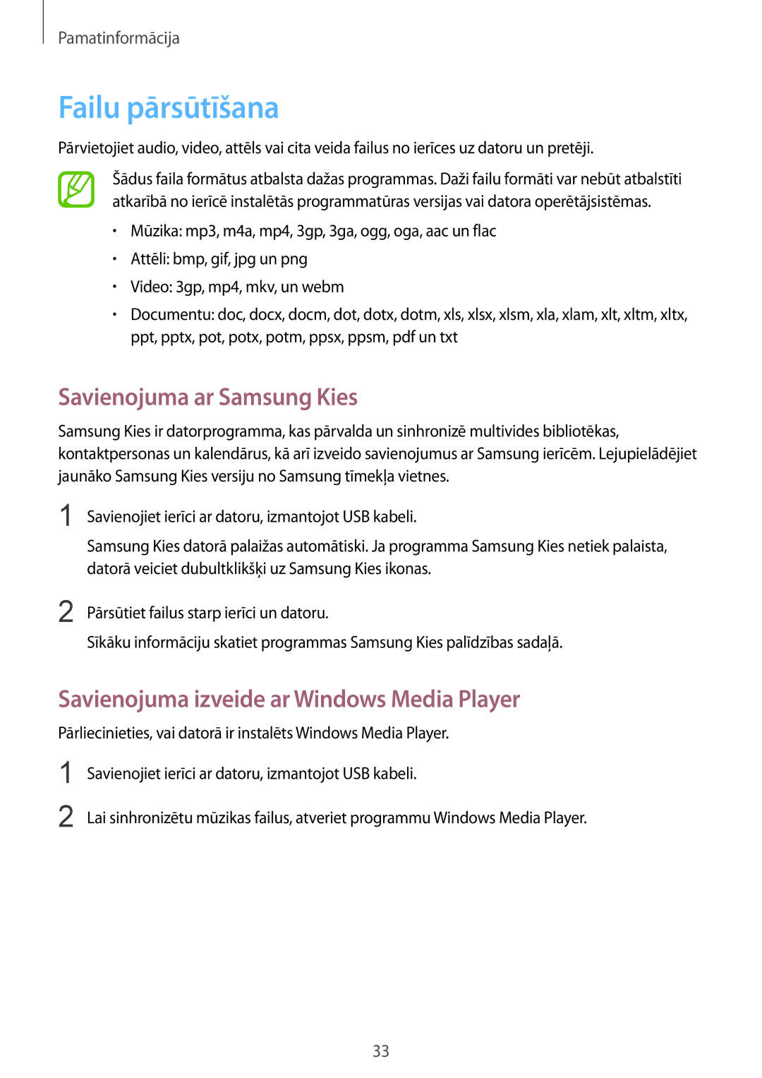 Samsung GT-S5310BKASEB manual Failu pārsūtīšana, Savienojuma ar Samsung Kies, Savienojuma izveide ar Windows Media Player 