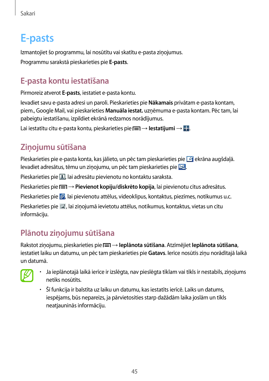 Samsung GT-S5310BKASEB, GT-S5310MSASEB, GT-S5310RWASEB manual Pasts, Pasta kontu iestatīšana, Plānotu ziņojumu sūtīšana 