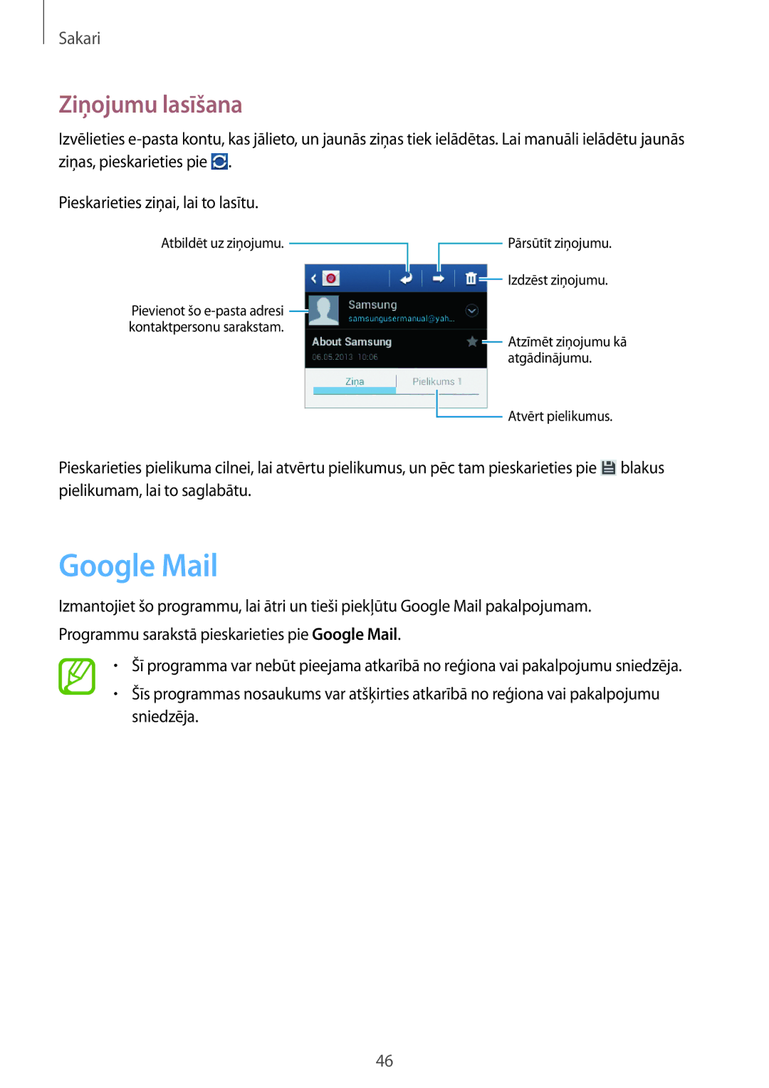 Samsung GT-S5310MSASEB, GT-S5310BKASEB, GT-S5310RWASEB manual Google Mail, Ziņojumu lasīšana 