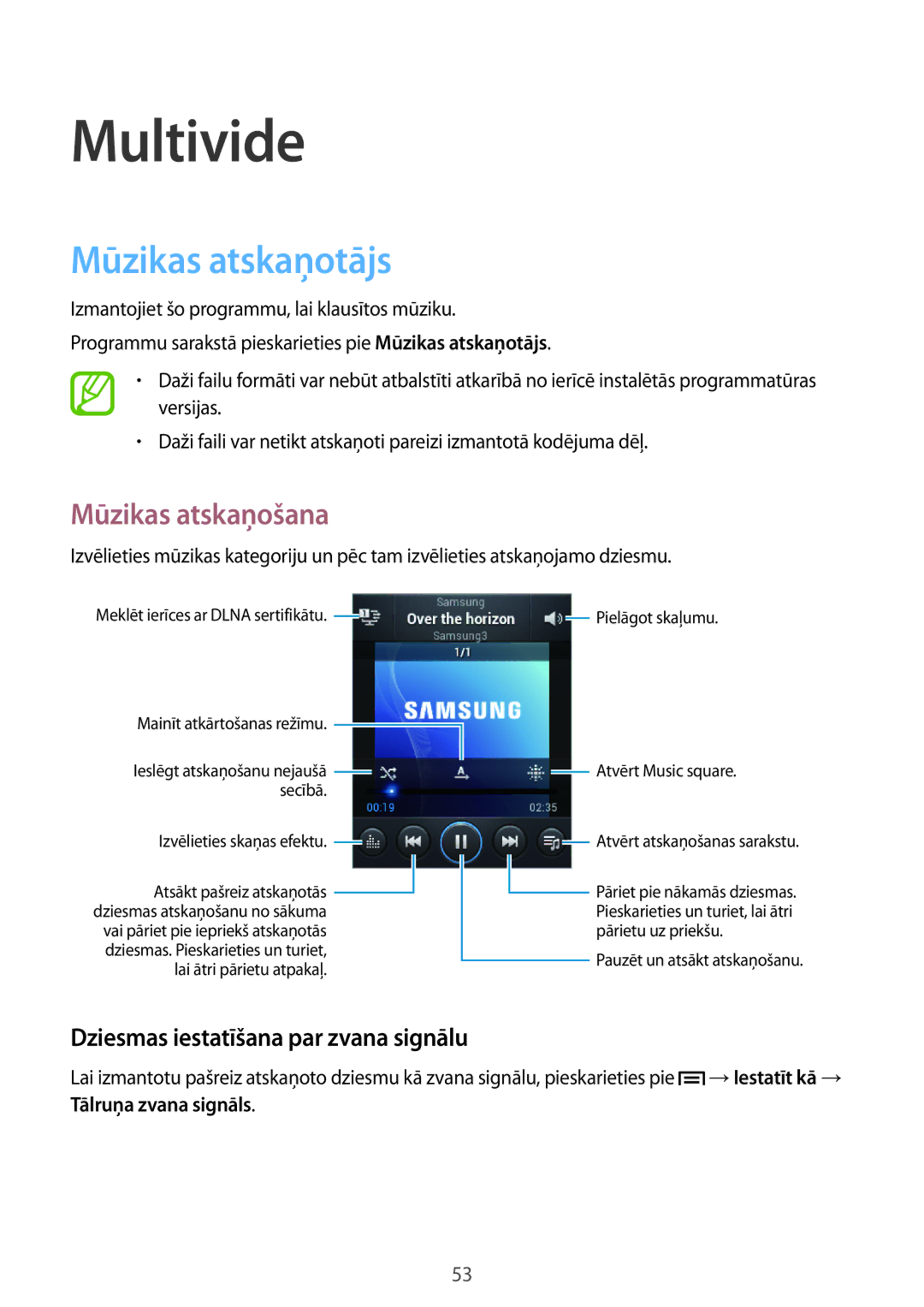 Samsung GT-S5310RWASEB manual Multivide, Mūzikas atskaņotājs, Mūzikas atskaņošana, Dziesmas iestatīšana par zvana signālu 