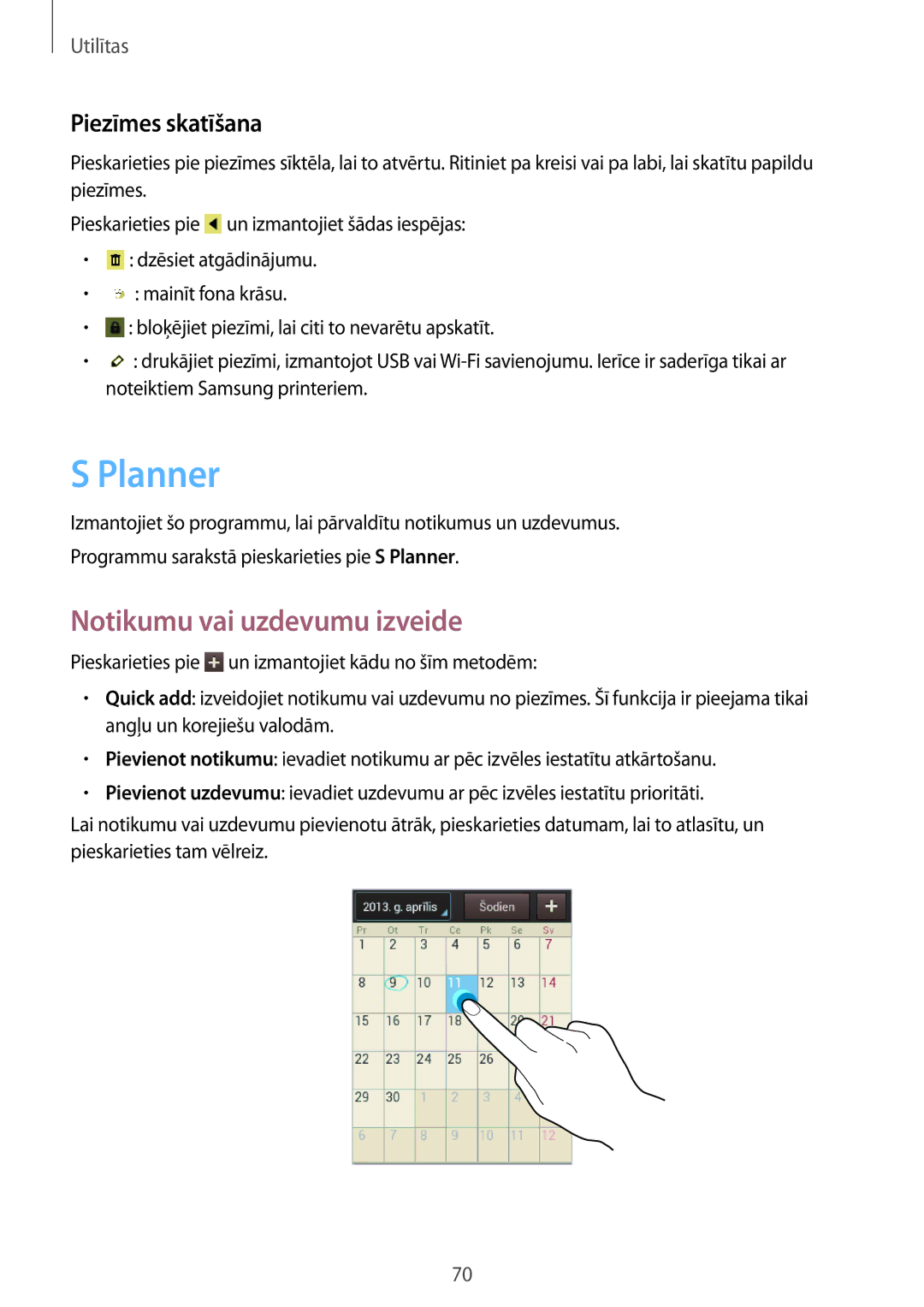 Samsung GT-S5310MSASEB, GT-S5310BKASEB, GT-S5310RWASEB manual Planner, Notikumu vai uzdevumu izveide, Piezīmes skatīšana 