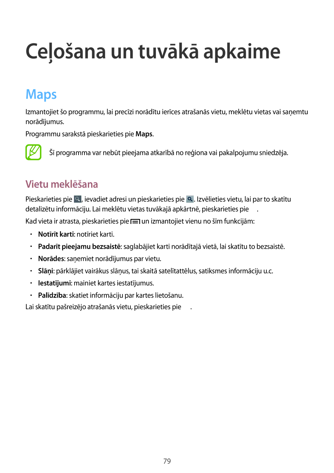 Samsung GT-S5310MSASEB, GT-S5310BKASEB, GT-S5310RWASEB manual Ceļošana un tuvākā apkaime, Maps, Vietu meklēšana 