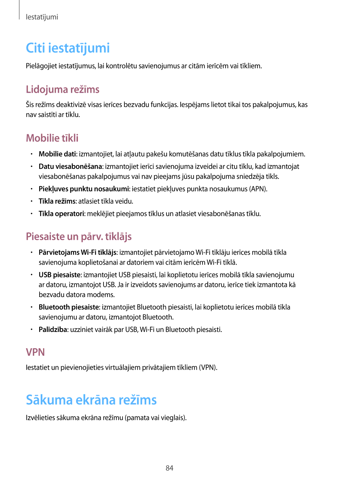 Samsung GT-S5310BKASEB Citi iestatījumi, Sākuma ekrāna režīms, Lidojuma režīms, Mobilie tīkli, Piesaiste un pārv. tīklājs 