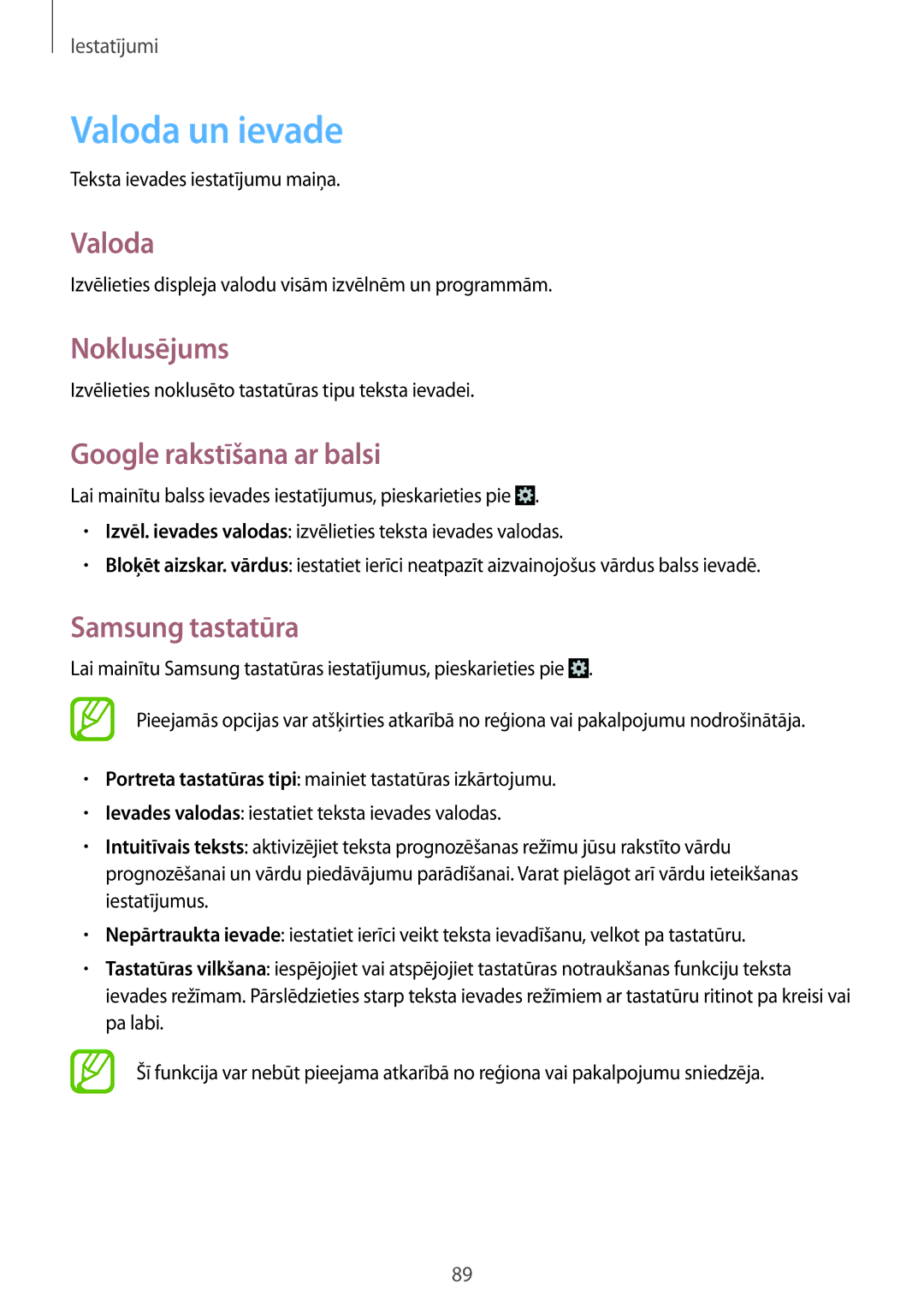 Samsung GT-S5310RWASEB, GT-S5310BKASEB manual Valoda un ievade, Noklusējums, Google rakstīšana ar balsi, Samsung tastatūra 