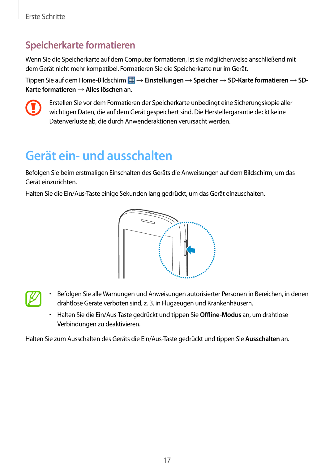 Samsung GT-S5310KWHDBT, GT-S5310RWATUR, GT-S5310RWADBT, GT-S5310RWAOPT Gerät ein- und ausschalten, Speicherkarte formatieren 