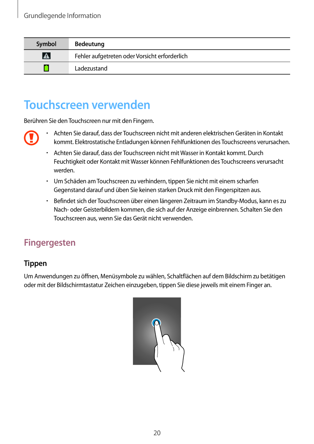 Samsung GT-S5310RWAOPT, GT-S5310KWHDBT, GT-S5310RWATUR, GT-S5310RWADBT manual Touchscreen verwenden, Fingergesten, Tippen 