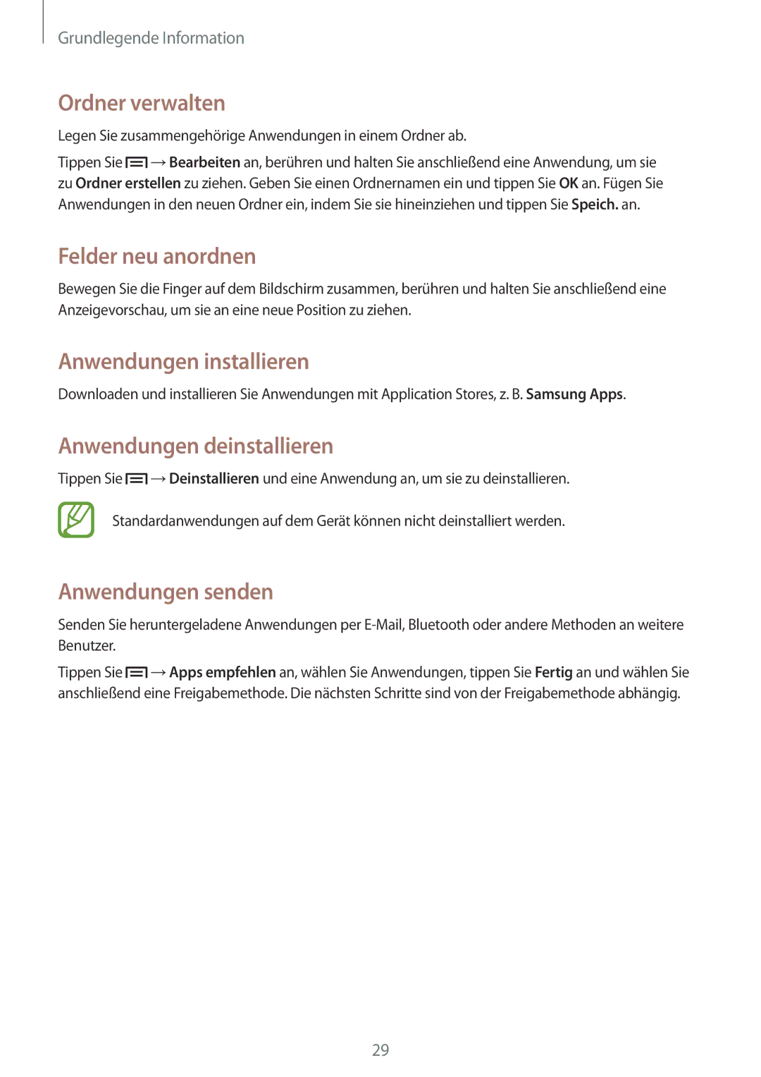 Samsung GT-S5310RWACOS manual Ordner verwalten, Anwendungen installieren, Anwendungen deinstallieren, Anwendungen senden 