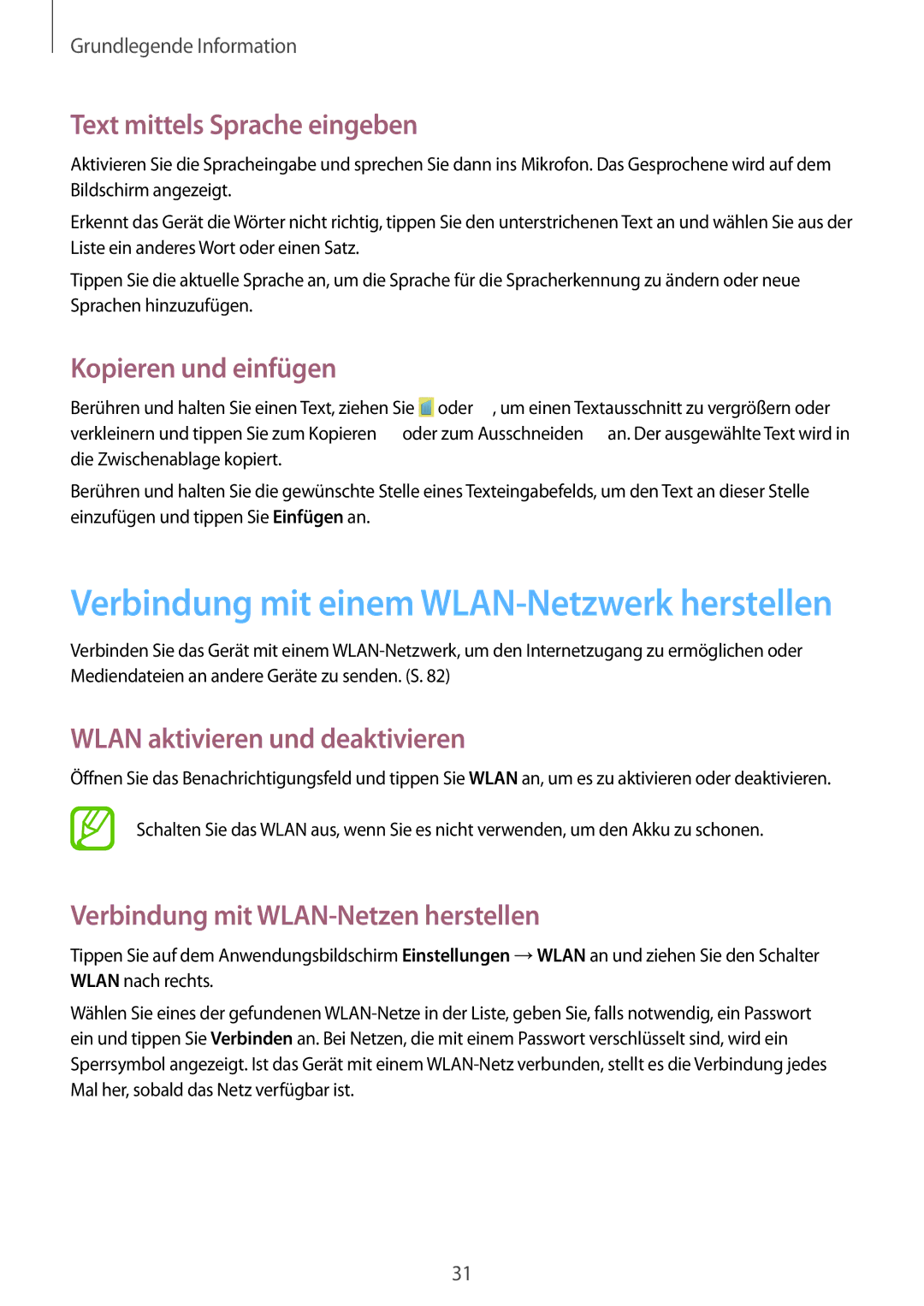 Samsung GT-S5310MSAITV manual Text mittels Sprache eingeben, Kopieren und einfügen, Wlan aktivieren und deaktivieren 