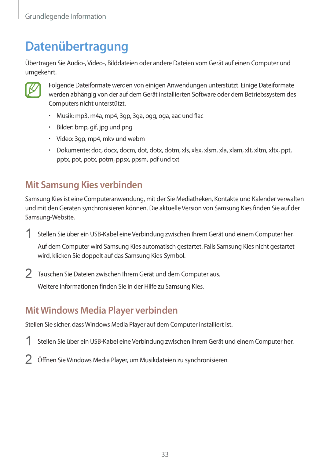 Samsung GT-S5310BKADBT, GT-S5310KWHDBT Datenübertragung, Mit Samsung Kies verbinden, Mit Windows Media Player verbinden 