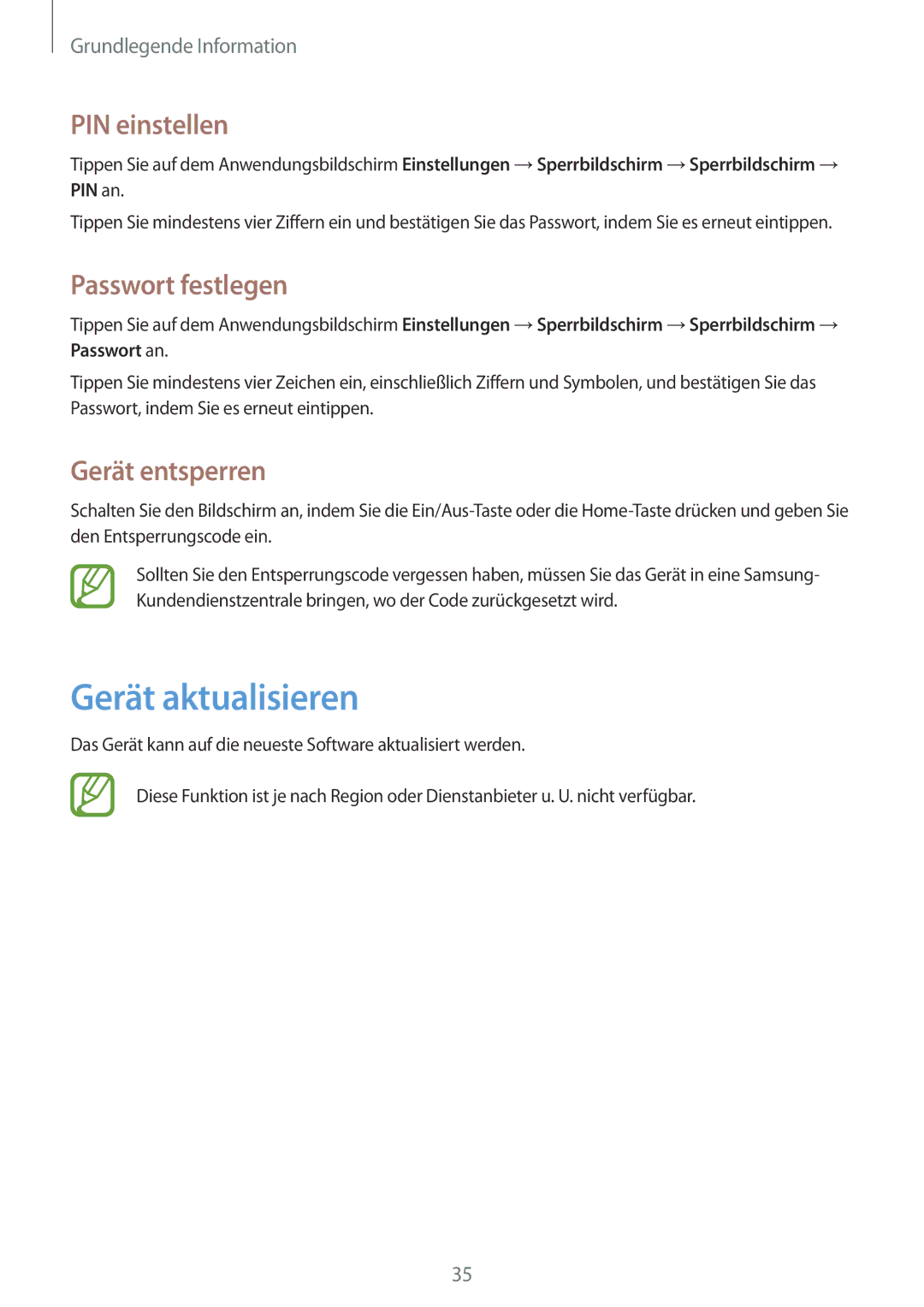 Samsung GT-S5310RWATUR, GT-S5310KWHDBT manual Gerät aktualisieren, PIN einstellen, Passwort festlegen, Gerät entsperren 