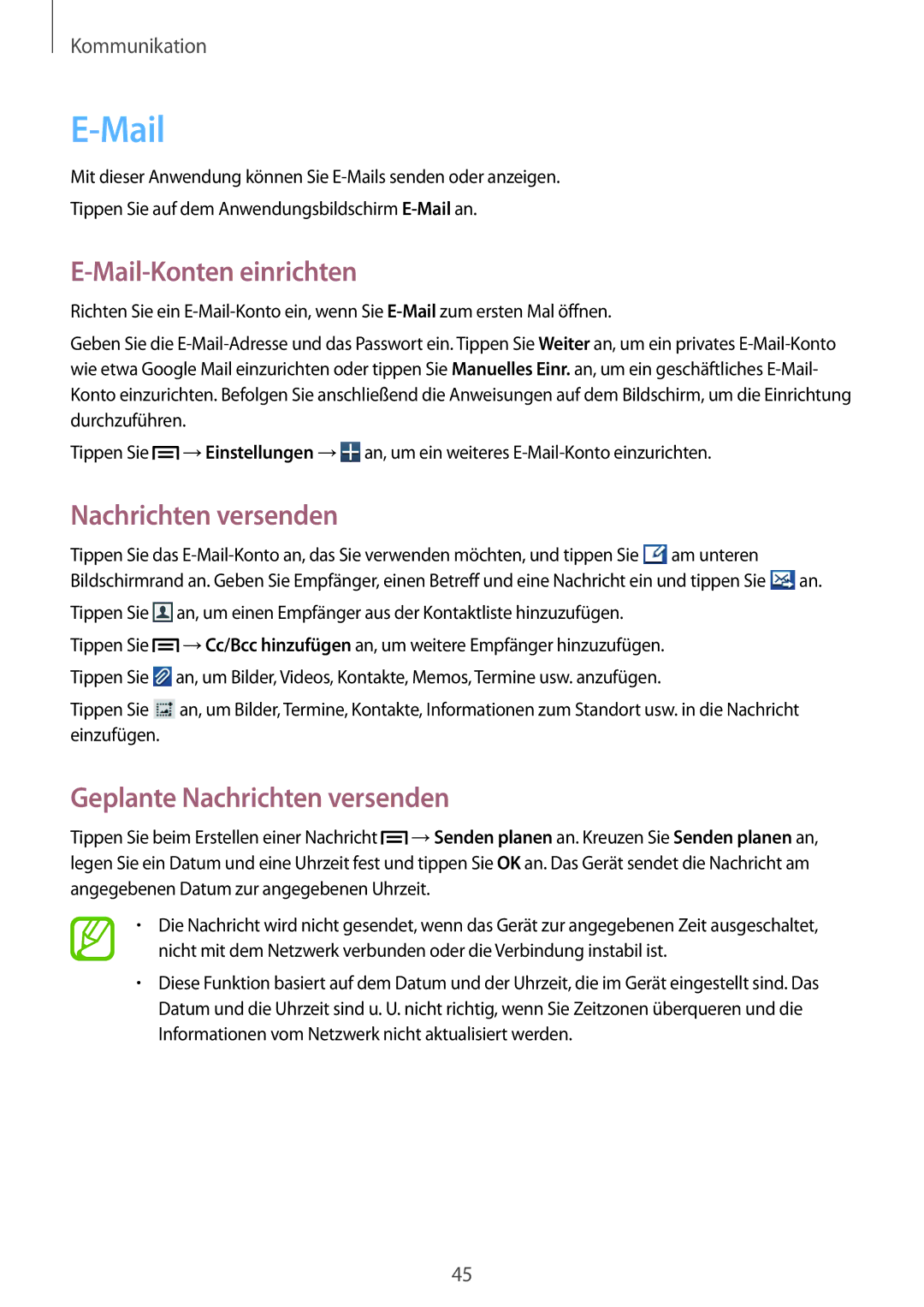 Samsung GT-S5310RWATPH, GT-S5310KWHDBT, GT-S5310RWATUR manual Mail-Konten einrichten, Geplante Nachrichten versenden 