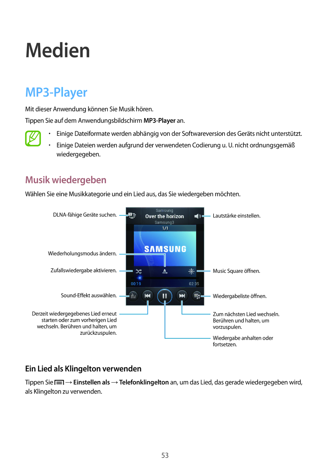 Samsung GT-S5310RWADBT, GT-S5310KWHDBT manual Medien, MP3-Player, Musik wiedergeben, Ein Lied als Klingelton verwenden 