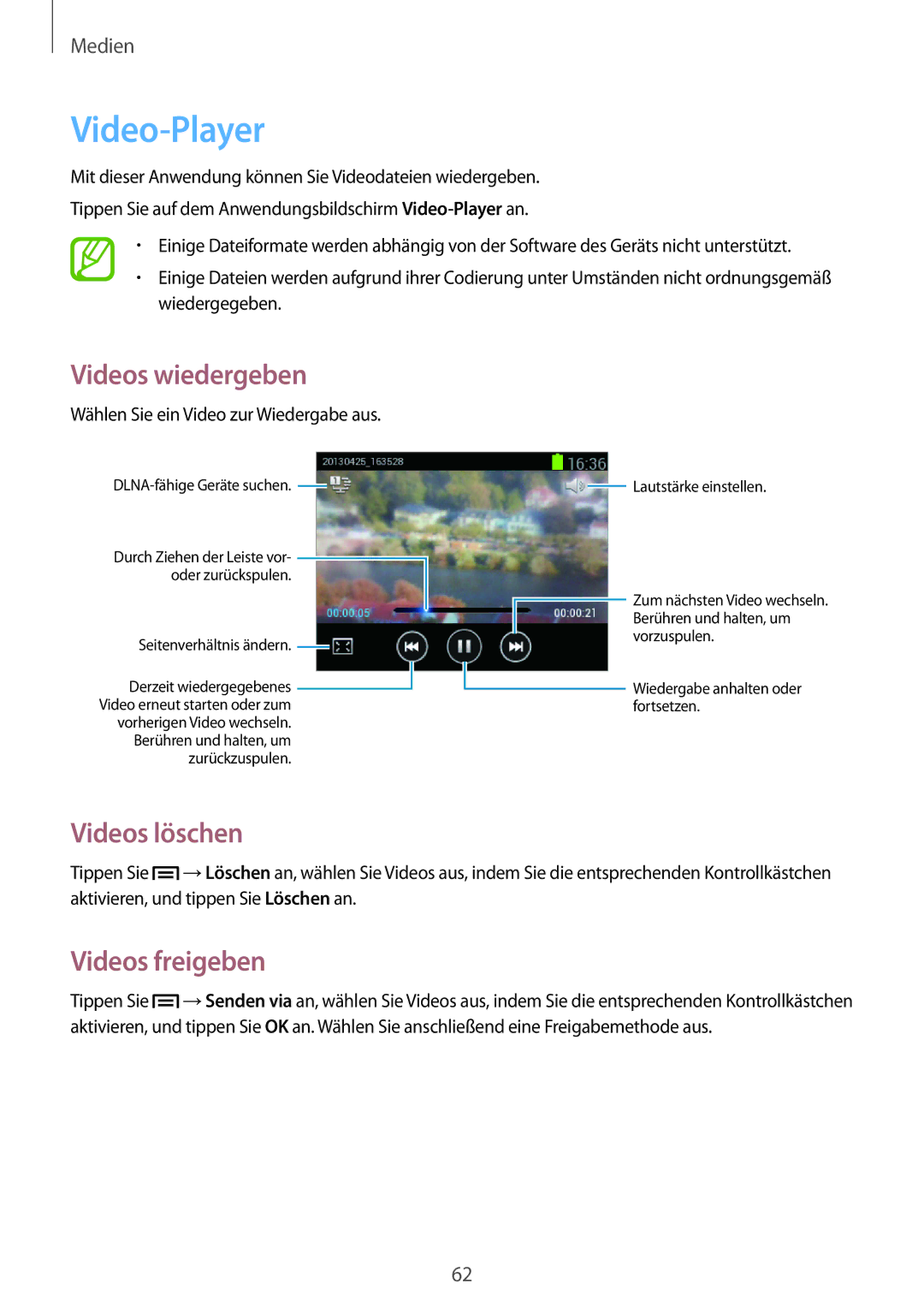 Samsung GT-S5310RWATPH, GT-S5310KWHDBT, GT-S5310RWATUR, GT-S5310RWADBT manual Video-Player, Videos löschen, Videos freigeben 