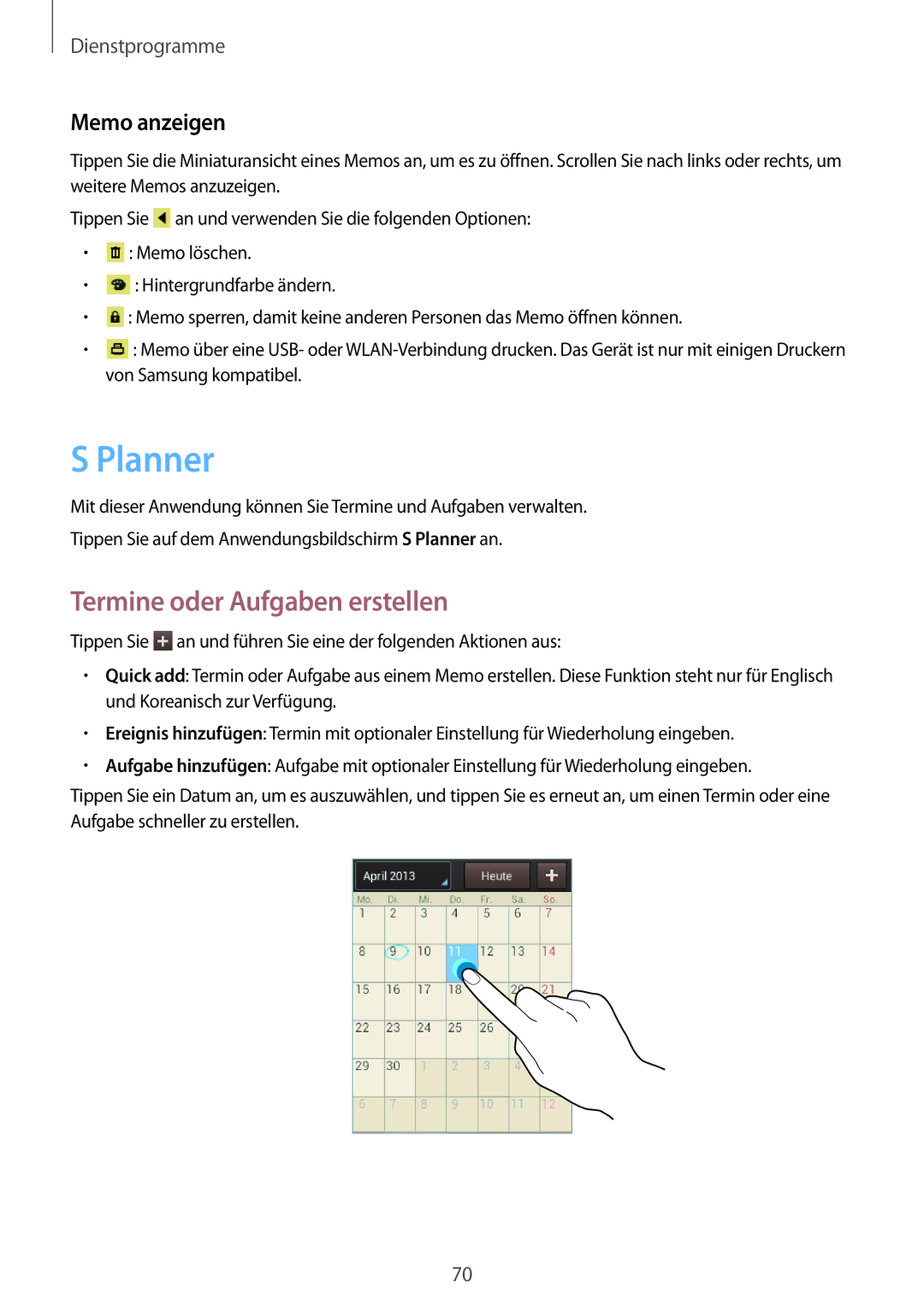 Samsung GT-S5310RWADBT, GT-S5310KWHDBT, GT-S5310RWATUR manual Planner, Termine oder Aufgaben erstellen, Memo anzeigen 