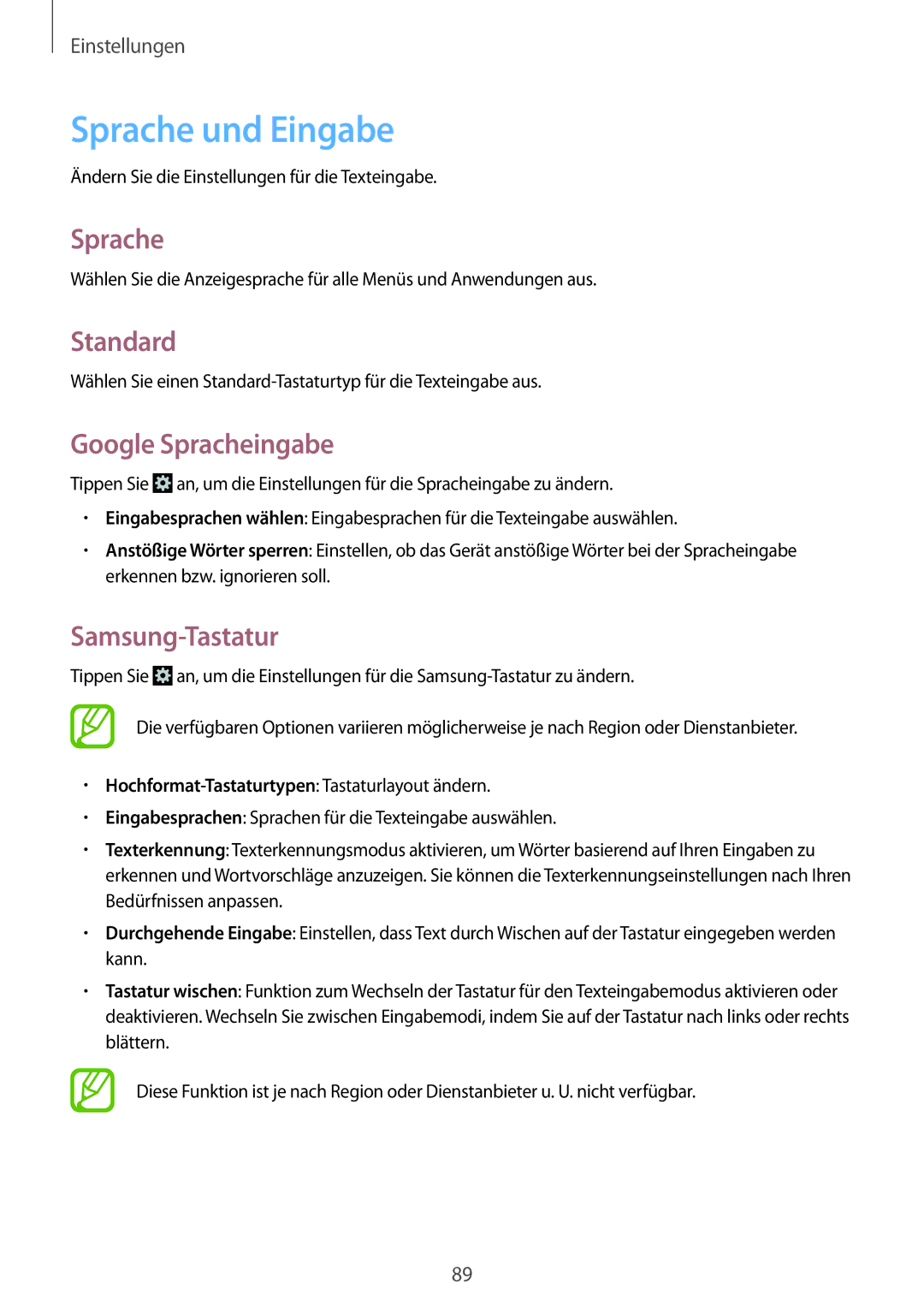 Samsung GT-S5310BKATPH, GT-S5310KWHDBT manual Sprache und Eingabe, Standard, Google Spracheingabe, Samsung-Tastatur 