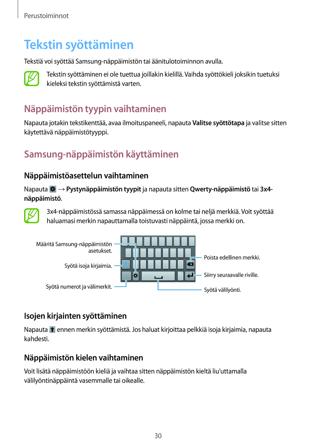 Samsung GT-S5310MSANEE manual Tekstin syöttäminen, Näppäimistön tyypin vaihtaminen, Samsung-näppäimistön käyttäminen 