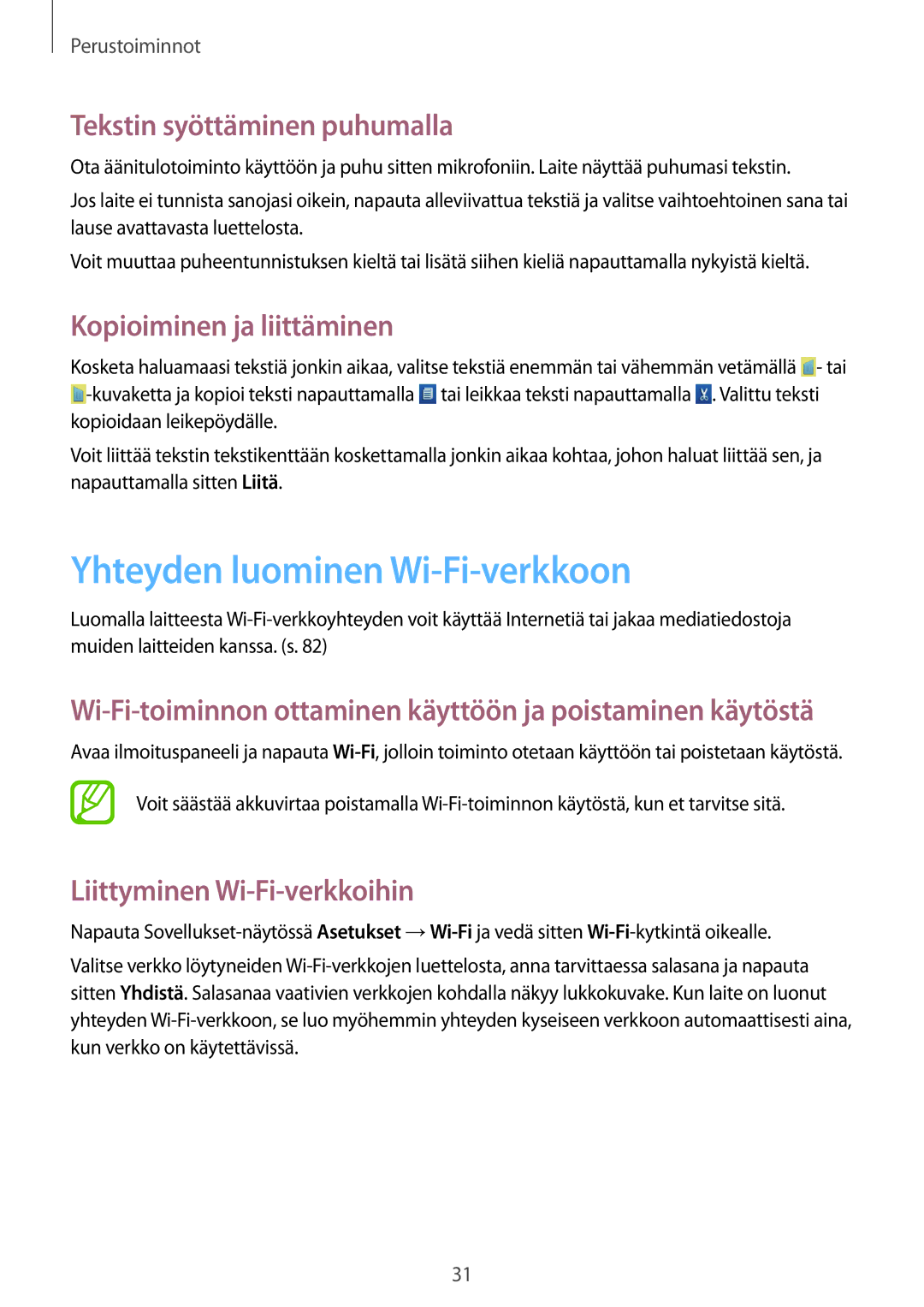 Samsung GT-S5310BKANEE manual Yhteyden luominen Wi-Fi-verkkoon, Tekstin syöttäminen puhumalla, Kopioiminen ja liittäminen 