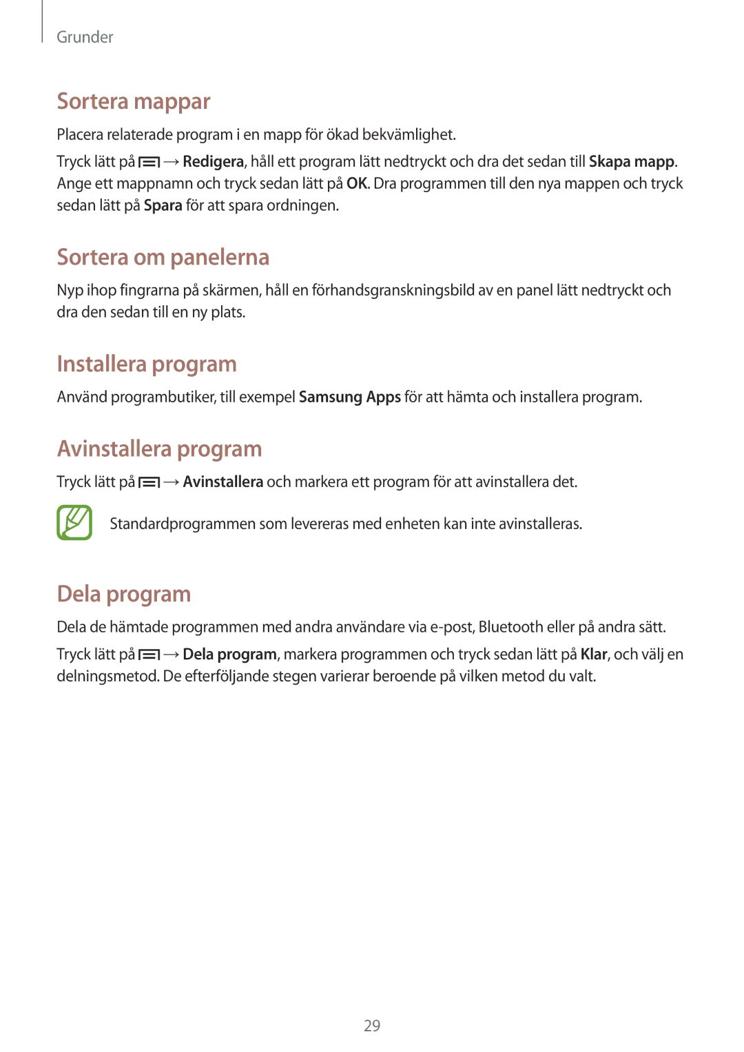 Samsung GT-S5310RWANEE, GT-S5310MSANEE manual Sortera mappar, Installera program, Avinstallera program, Dela program 