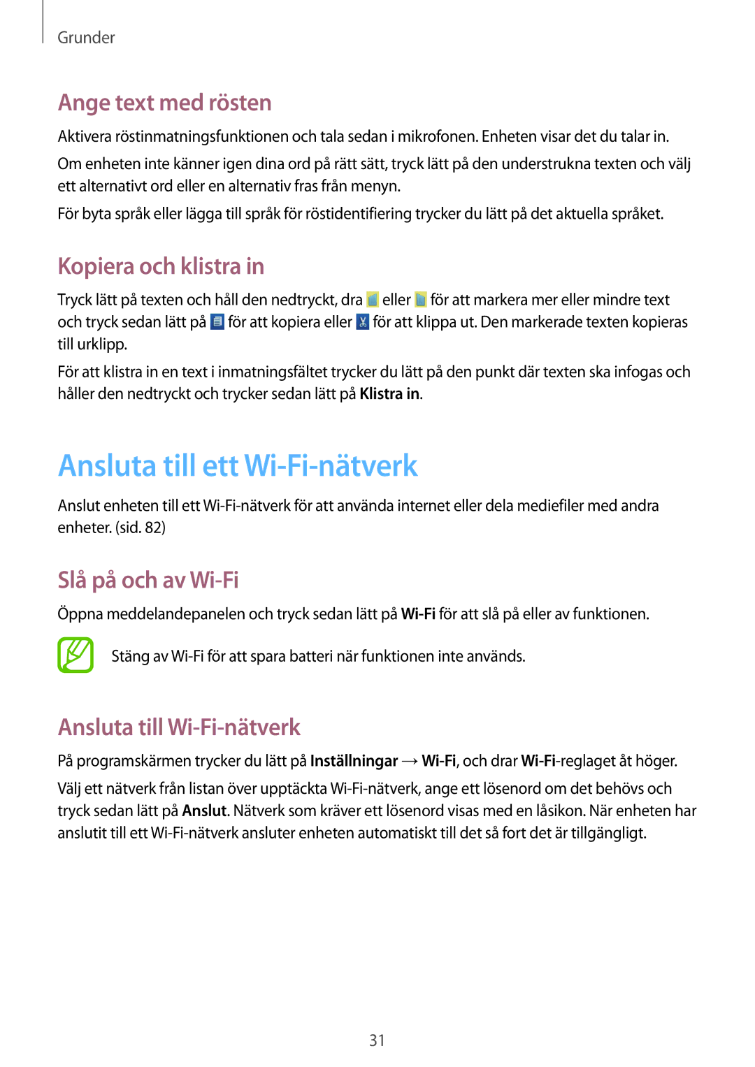 Samsung GT-S5310BKANEE Ansluta till ett Wi-Fi-nätverk, Ange text med rösten, Kopiera och klistra, Slå på och av Wi-Fi 